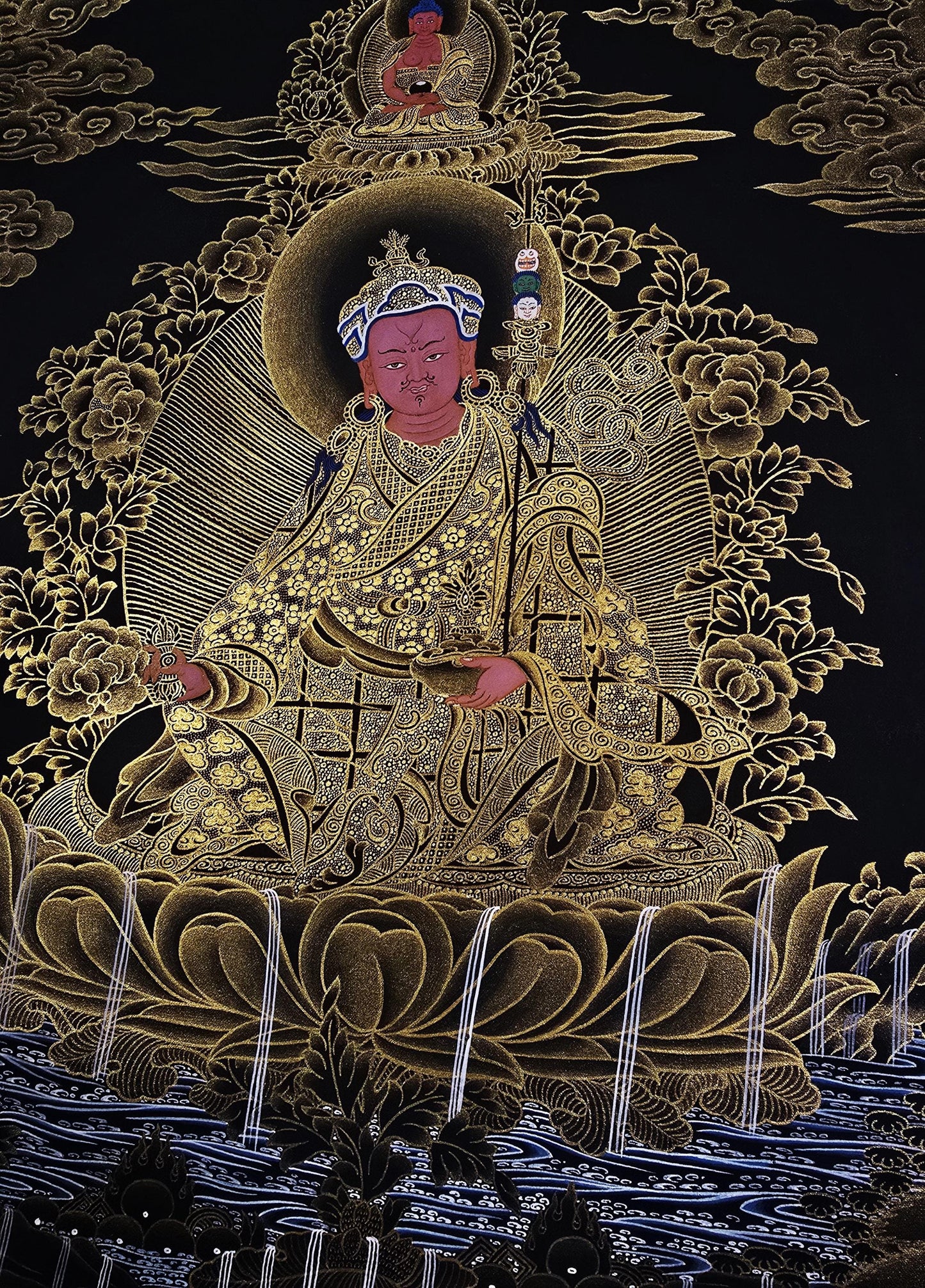 Guru Rinpoche Padmasambhava 24K Gold Tibetan Thangka Painting – Black and Gold Masterpiece