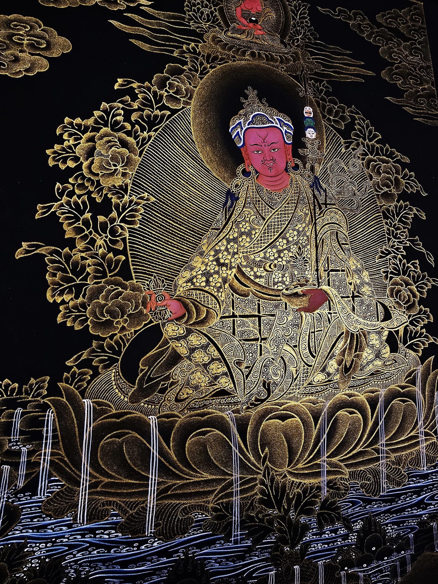 Guru Rinpoche Padmasambhava 24K Gold Tibetan Thangka Painting – Black and Gold Masterpiece