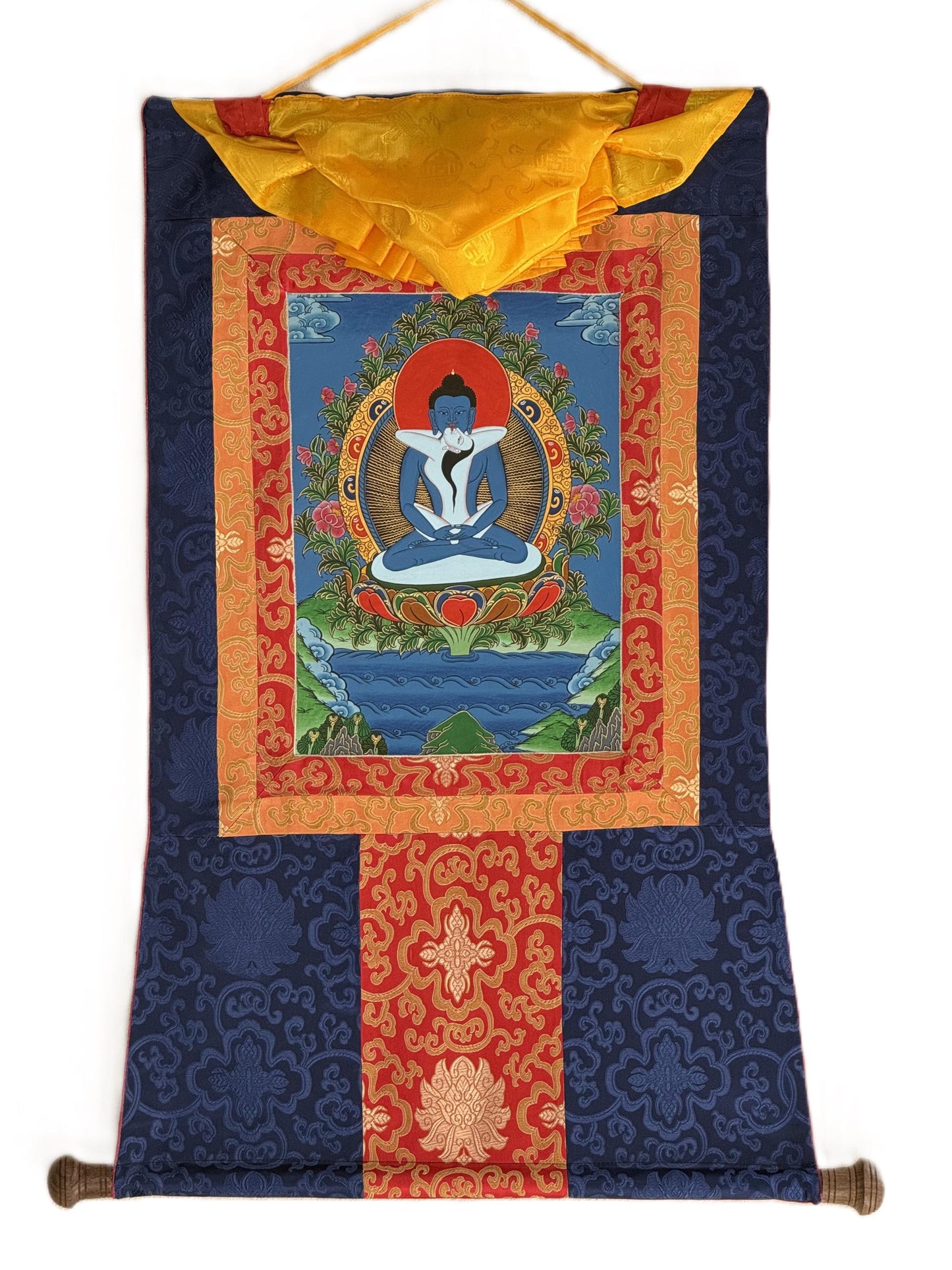 Hand-Painted Samantabhadra Thangka with Silk Brocade - Tibetan Primordial Buddha Meditation Art