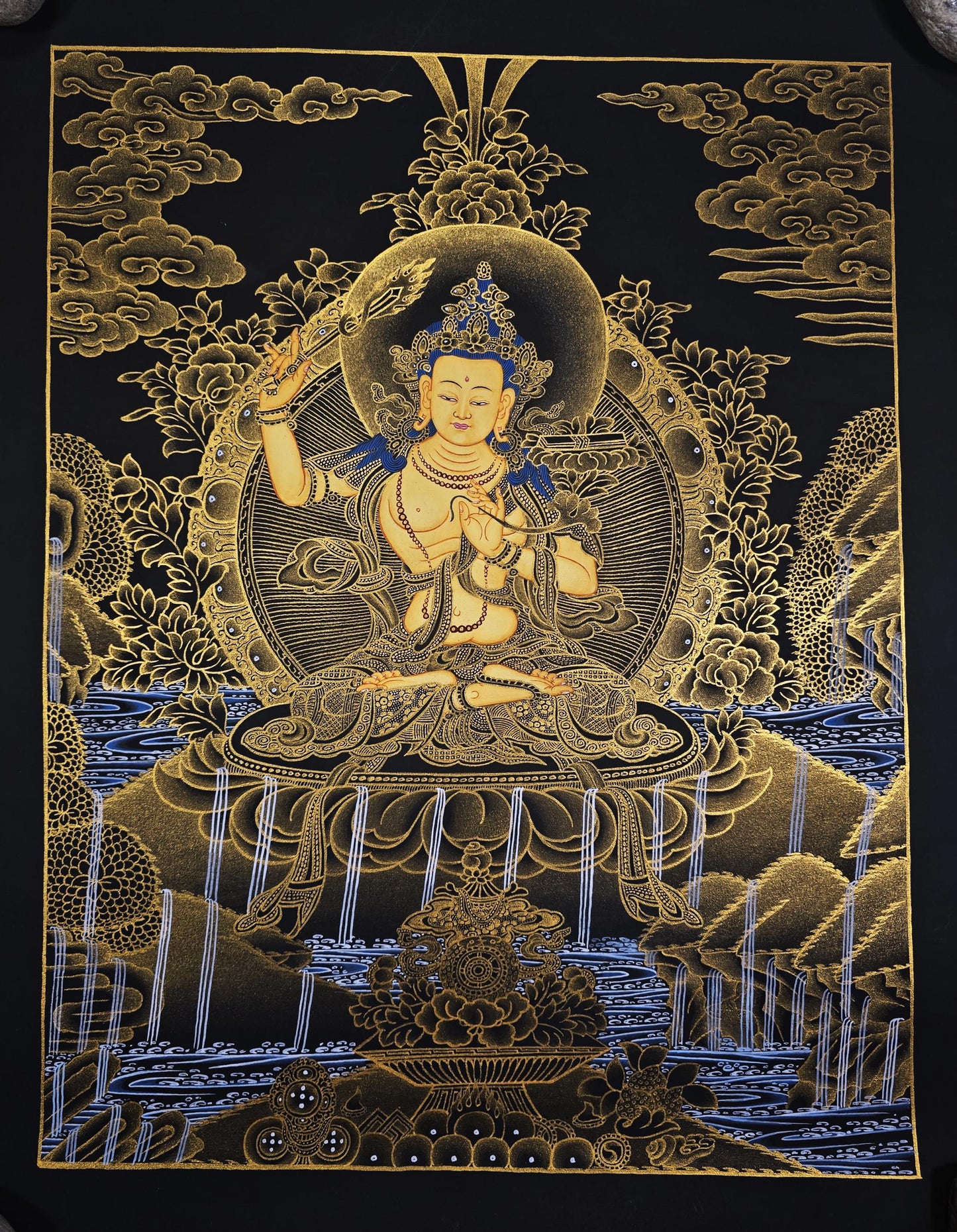 Hand-Painted Manjushri Thangka | Tibetan Buddhist Wisdom Art, 24K Gold Detail
