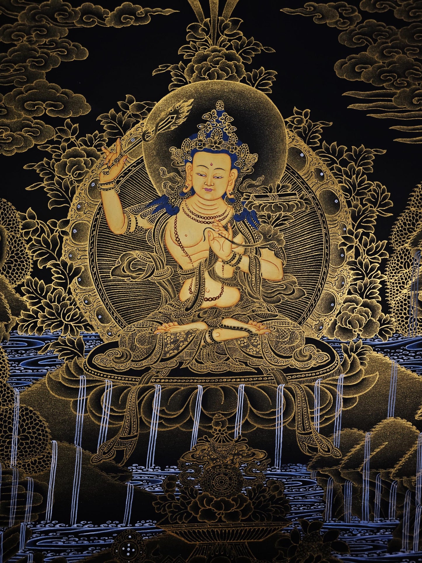 Hand-Painted Manjushri Thangka | Tibetan Buddhist Wisdom Art, 24K Gold Detail