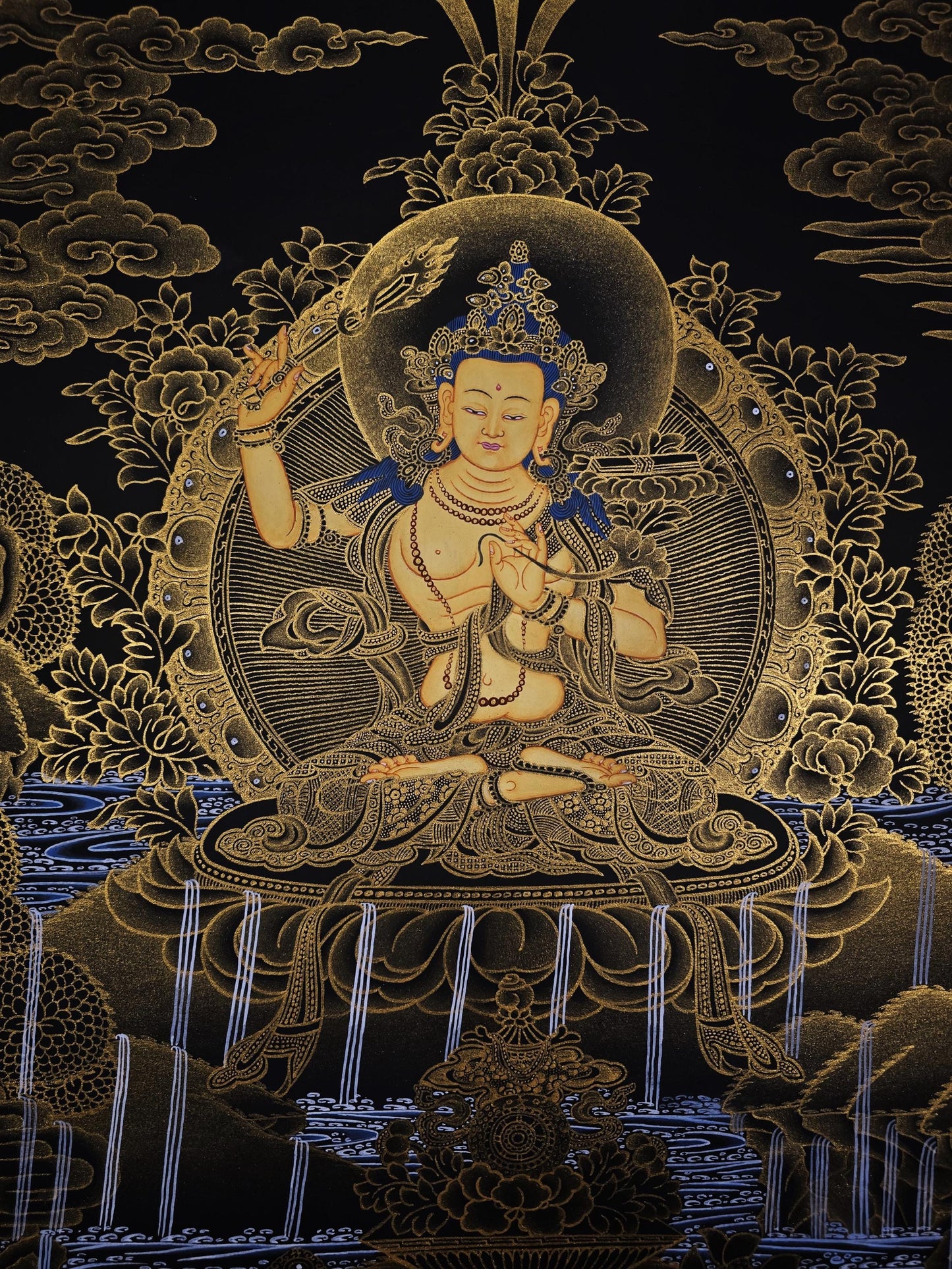 Hand-Painted Manjushri Thangka | Tibetan Buddhist Wisdom Art, 24K Gold Detail
