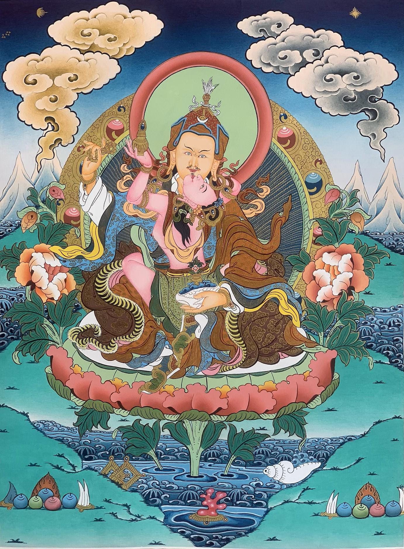 Guru Padmasambhava with Shakti Mandarava Thangka Hand Painted Tibetan Buddhist Art