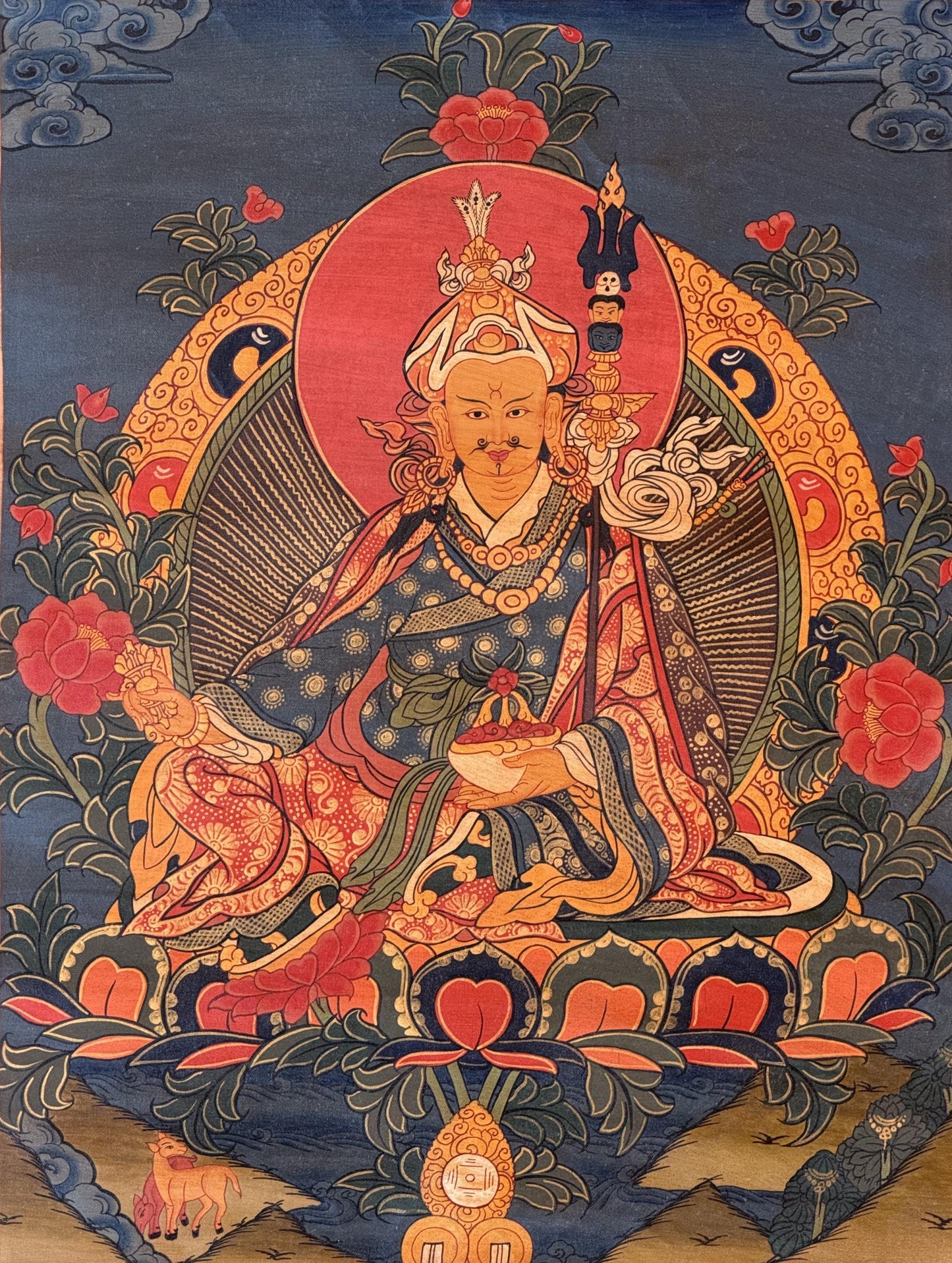 Guru Rinpoche Padmasambhava Thangka Oil Varnished Tibetan Buddhist Art with Brocade