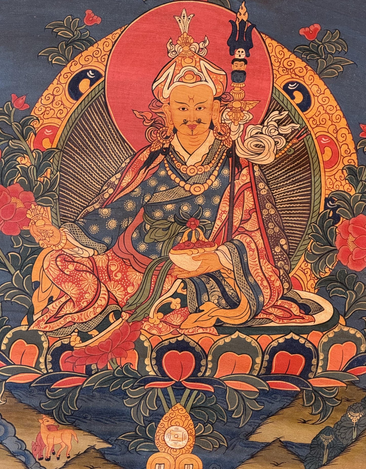 Guru Rinpoche Padmasambhava Thangka Oil Varnished Tibetan Buddhist Art with Brocade