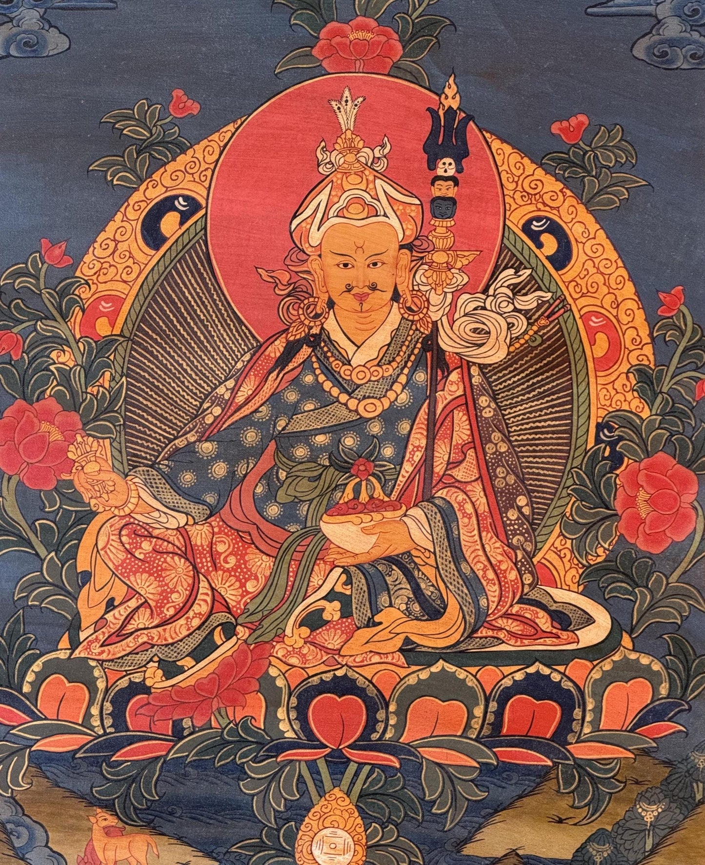 Guru Rinpoche Padmasambhava Thangka Oil Varnished Tibetan Buddhist Art with Brocade