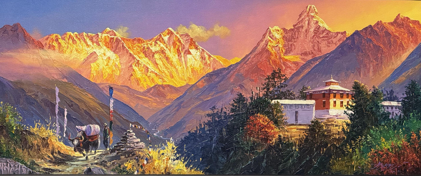 Sunrise View of Mount Everest from Tengboche | Himalayan Mountain Art | Acrylic Painting on Canvas