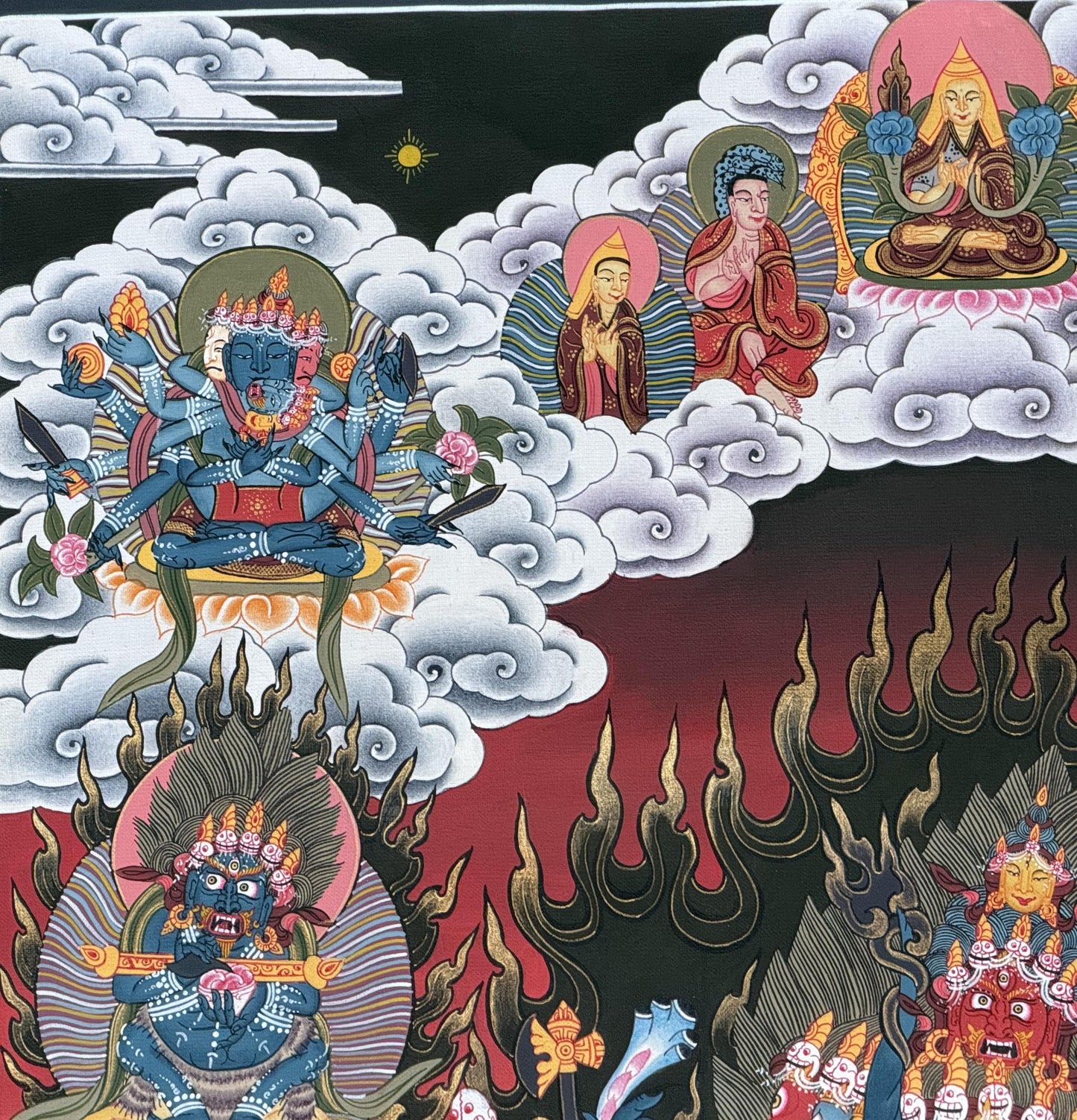 Yamantaka with Shakti 24K Gold Tibetan Thangka Painting – Wrathful Wisdom Deity Art