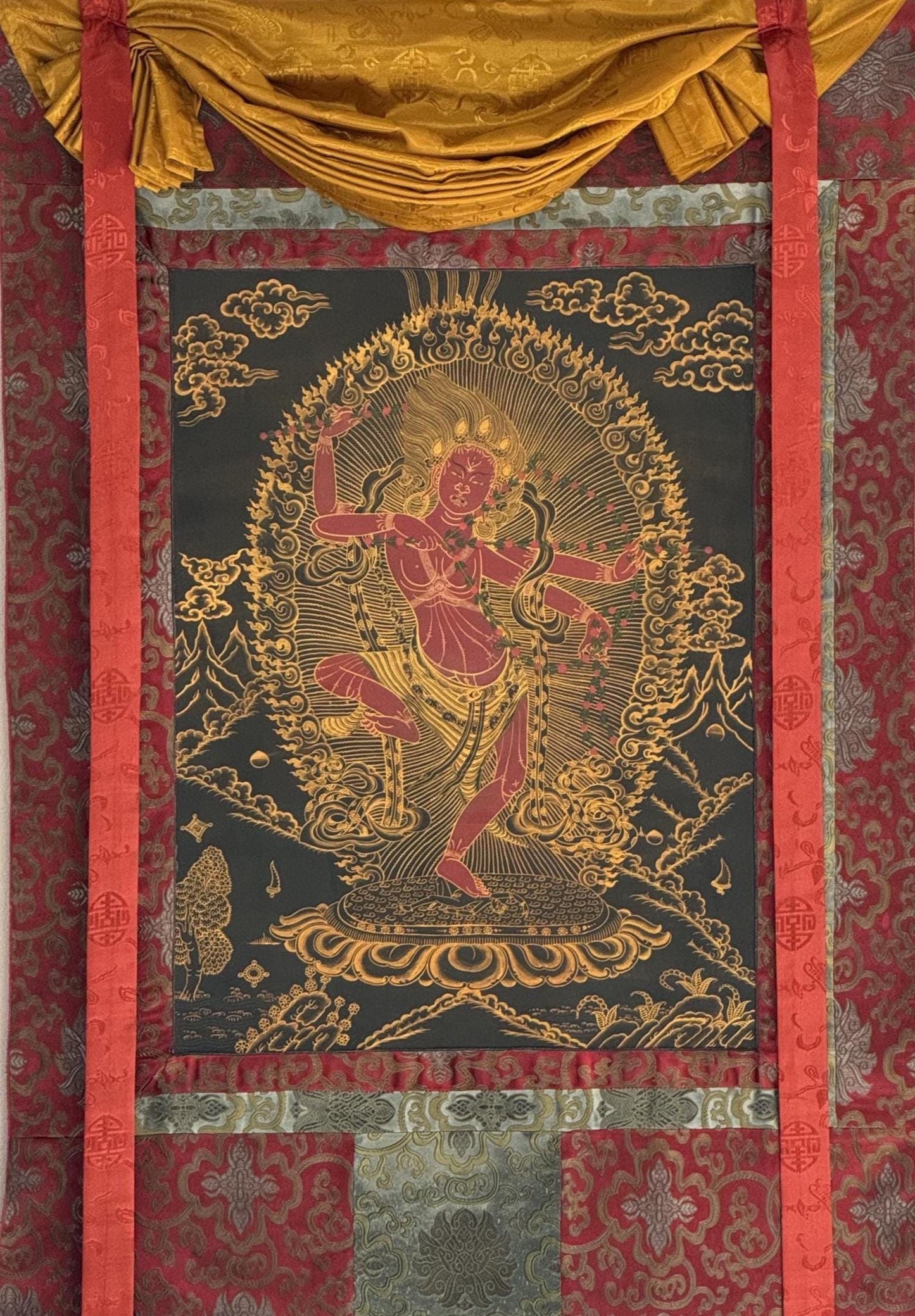 Hand-Painted Kurukulla Thangka | Tibetan Mother Buddha Art | Original Masterpiece Painting with Silk Brocade