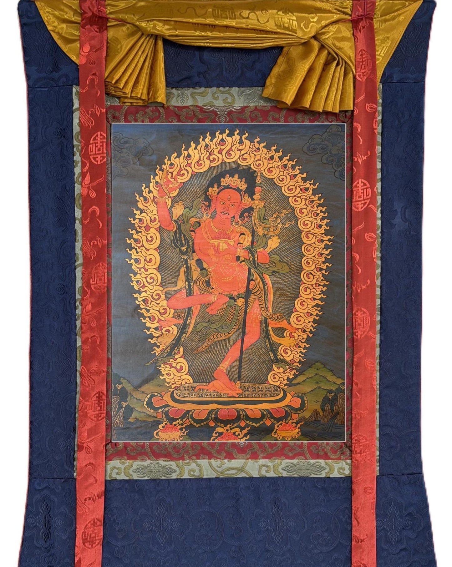 Vajravarahi Dorje Phagmo Thangka Hand Painted Tibetan Buddhist Art Old Oil Varnished , Silk Brocade