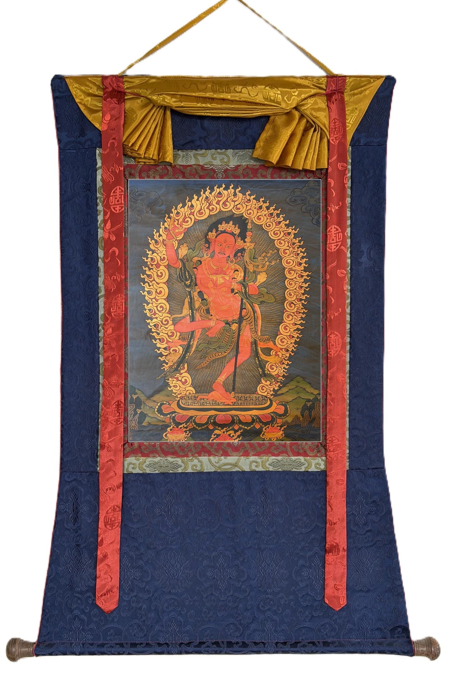 Vajravarahi Dorje Phagmo Thangka Hand Painted Tibetan Buddhist Art Old Oil Varnished , Silk Brocade
