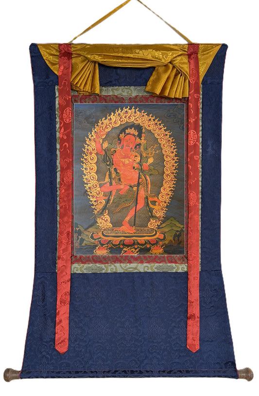 Vajravarahi Dorje Phagmo Thangka Hand Painted Tibetan Buddhist Art Old Oil Varnished , Silk Brocade