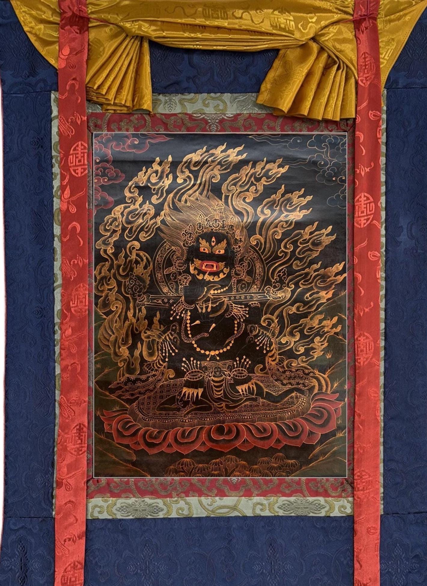 Old Black Mahakala Thangka Hand Painted Tibetan Buddhist Art Framed with Silk Brocade