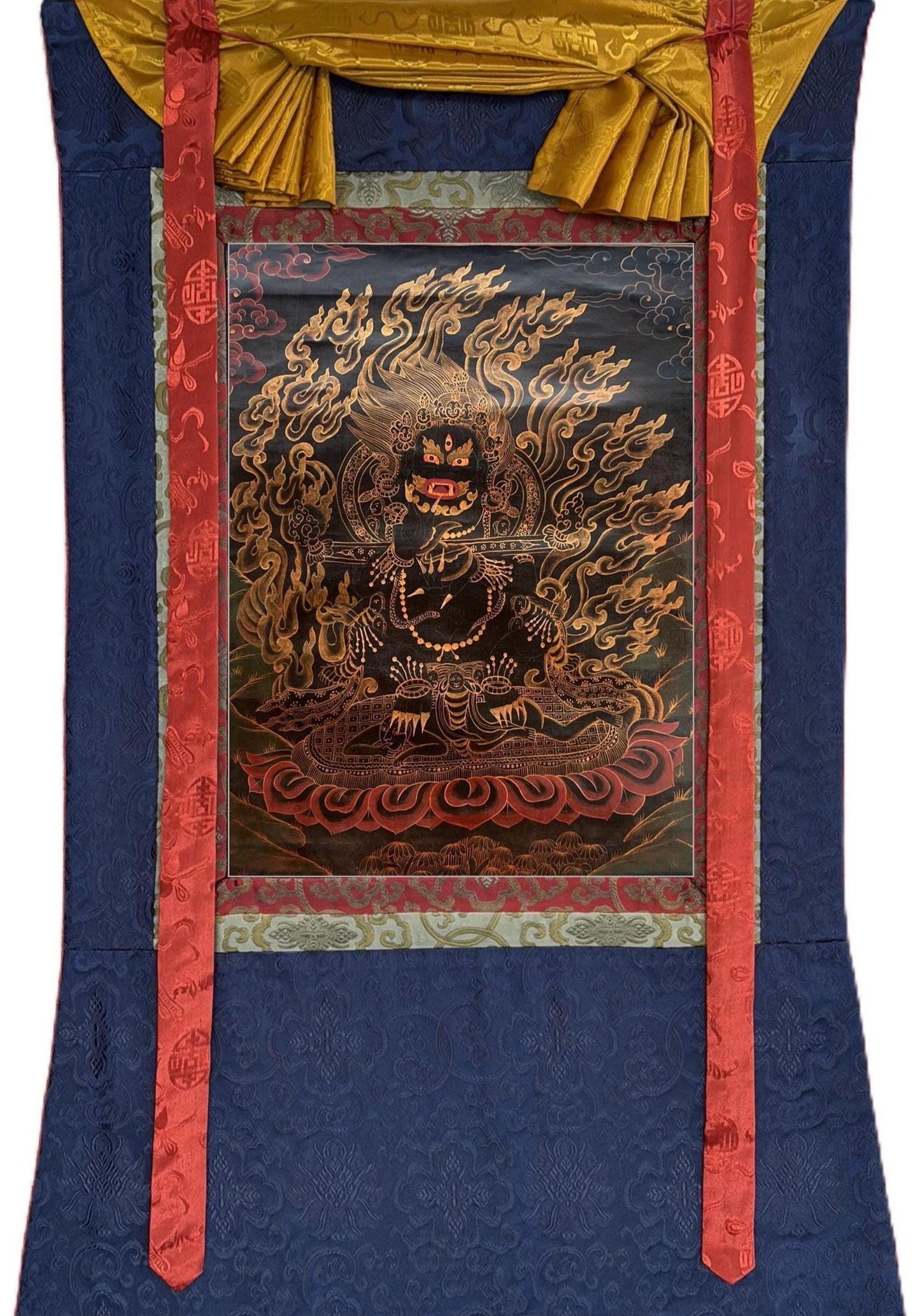 Old Black Mahakala Thangka Hand Painted Tibetan Buddhist Art Framed with Silk Brocade