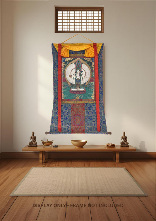 Hand-Painted 1000-Armed Chenrezig Thangka with Silk Brocade - Tibetan Avalokiteshvara Compassion Deity Art