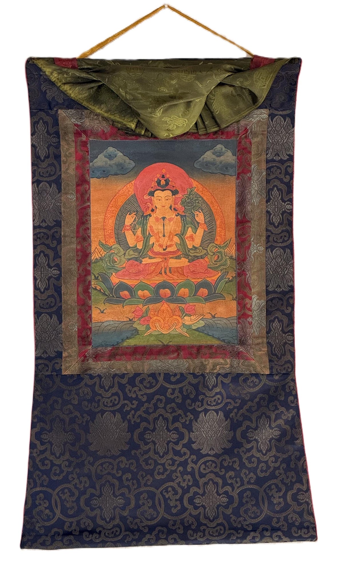 Handcrafted Chenrezig Thangka Painting  Tibetan Art with Silk Brocade