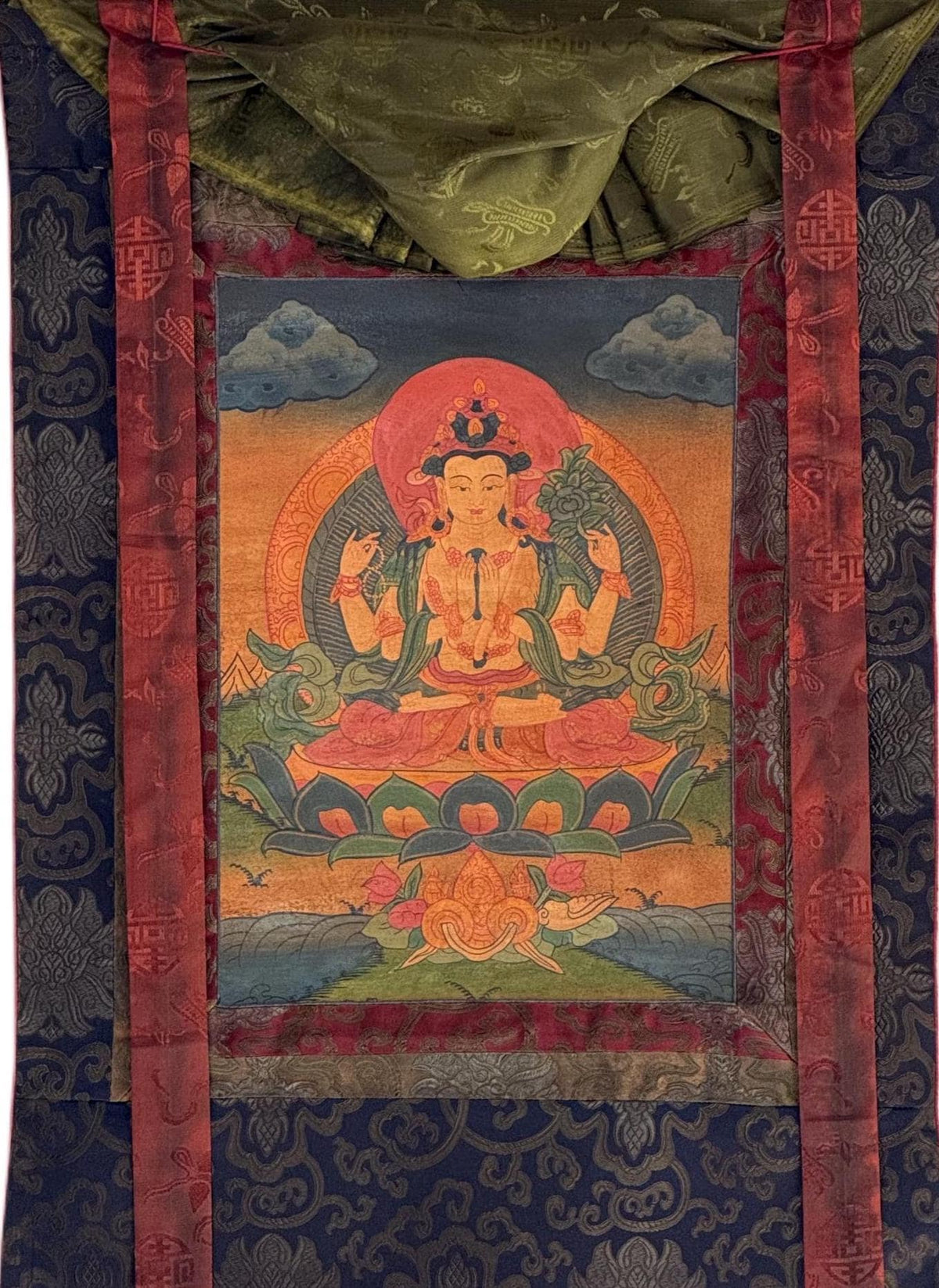 Handcrafted Chenrezig Thangka Painting  Tibetan Art with Silk Brocade