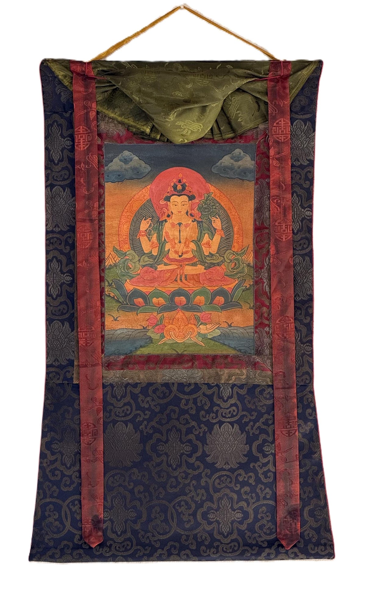 Handcrafted Chenrezig Thangka Painting  Tibetan Art with Silk Brocade