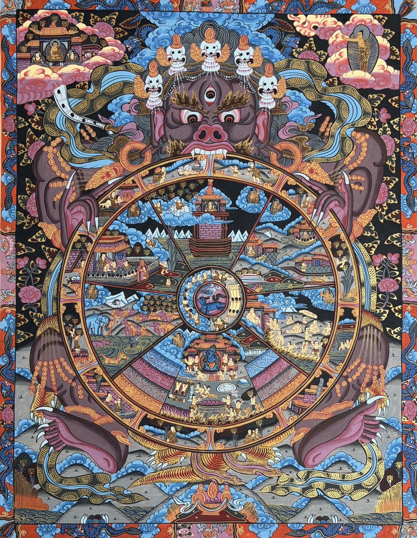 Samsara Wheel of Life Thangka | Tibetan Bhavachakra Mandala | Hand-Painted Meditation Art with Silk Brocade