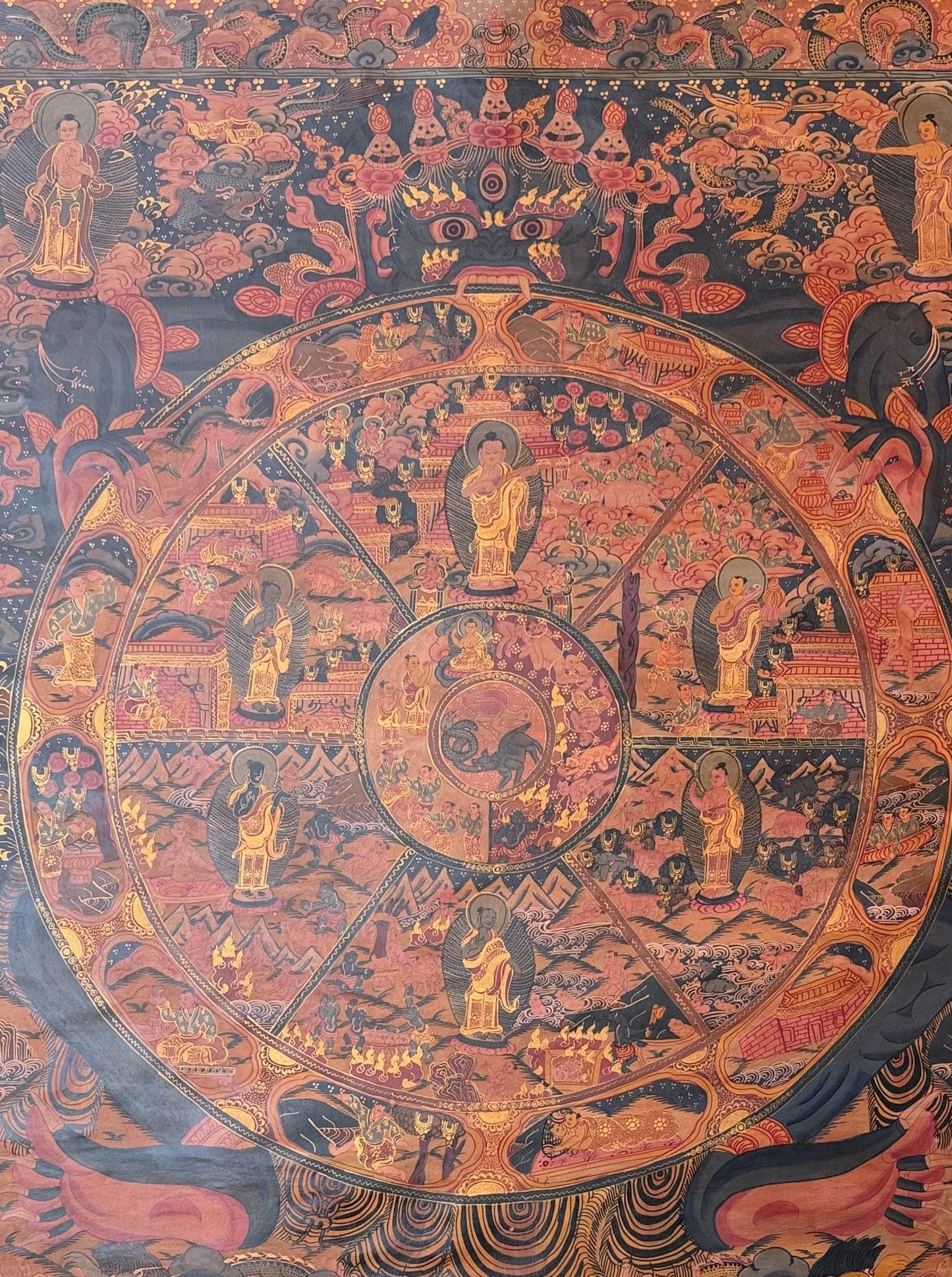 Samsara Wheel of Life Thangka – Semi-Old Hand-Painted Tibetan Bhavachakra Painting with Detailed Symbolism