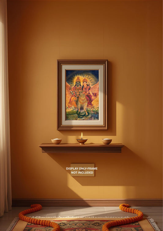 Hand-Painted Lakshmi Narayana on Garuda Newari Paubha Thangka - Hindu Vishnu Lakshmi Art Oil Varnished