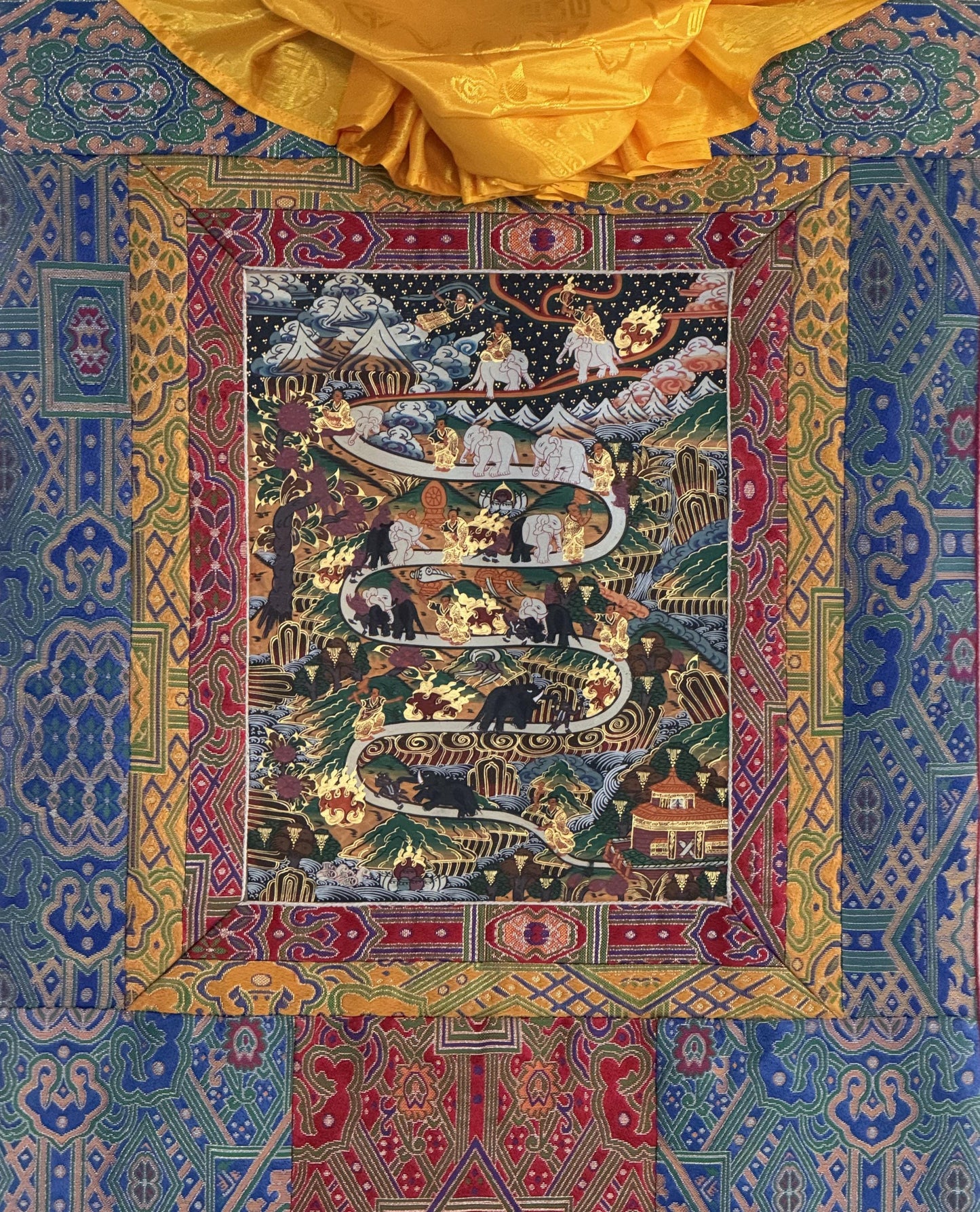 Original Hand-Painted Samatha Meditation Thangka | Tibetan Buddhist Silk Brocade Ar | Spiritual Wall Hanging