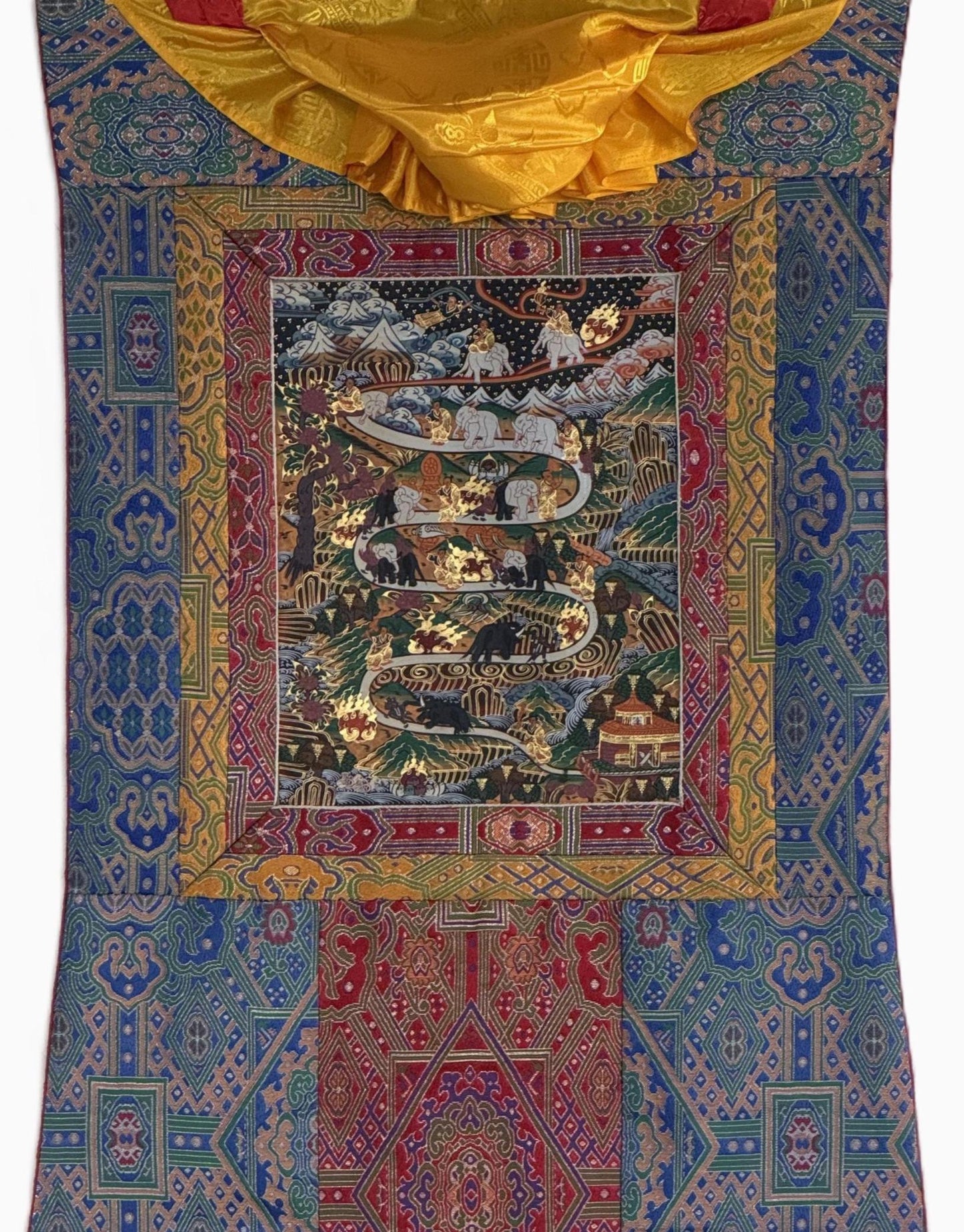 Original Hand-Painted Samatha Meditation Thangka | Tibetan Buddhist Silk Brocade Ar | Spiritual Wall Hanging