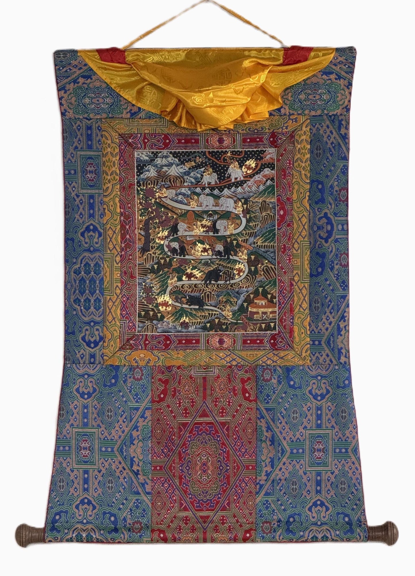 Original Hand-Painted Samatha Meditation Thangka | Tibetan Buddhist Silk Brocade Ar | Spiritual Wall Hanging