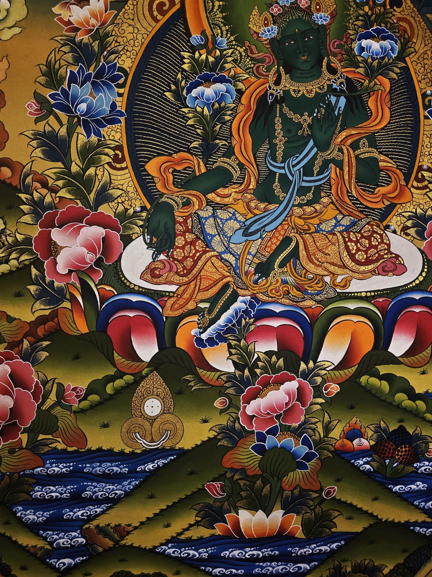 Original Hand-Painted Green Tara Thangka Painting – Tibetan Buddhist Goddess Art