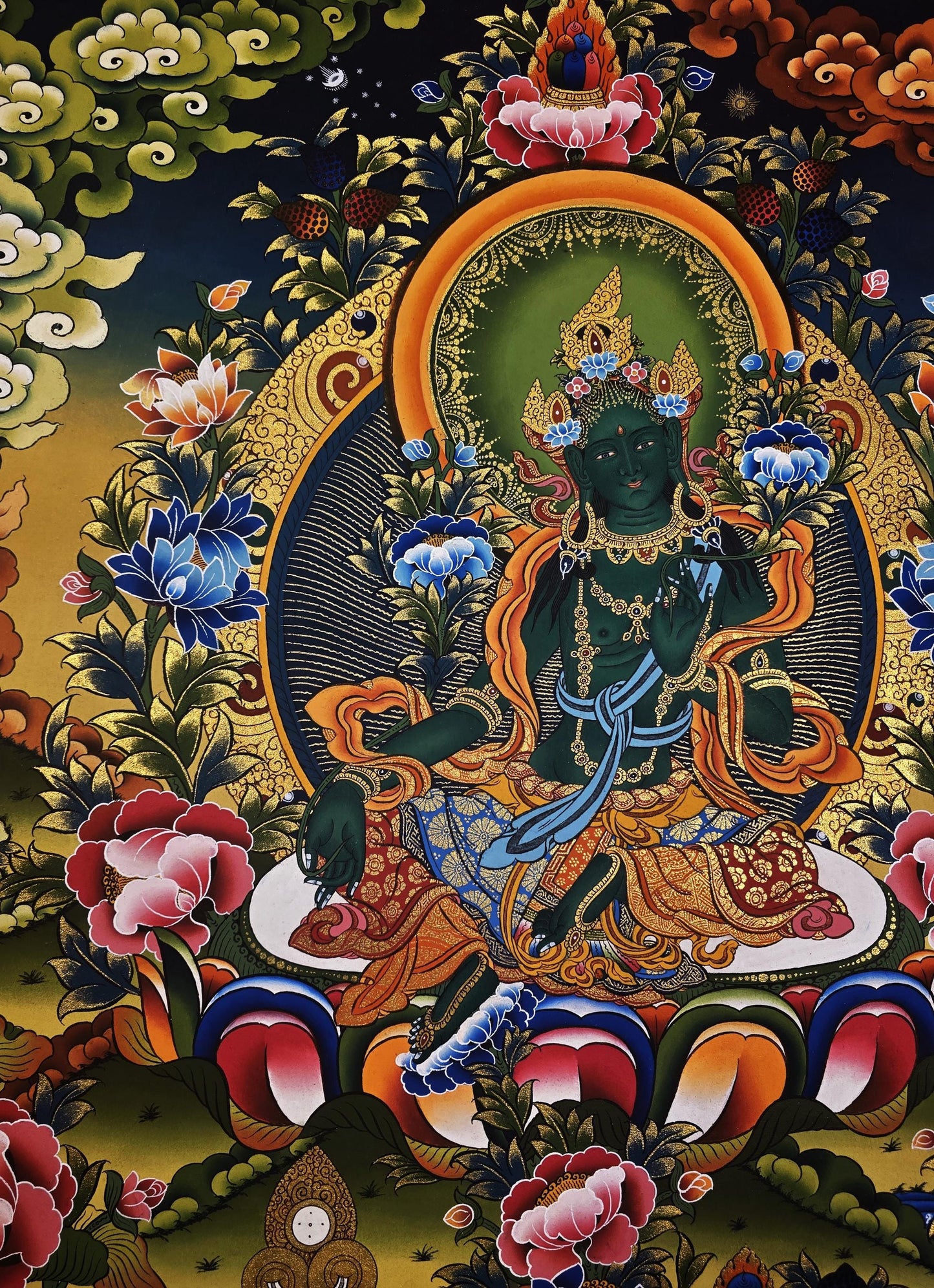 Original Hand-Painted Green Tara Thangka Painting – Tibetan Buddhist Goddess Art
