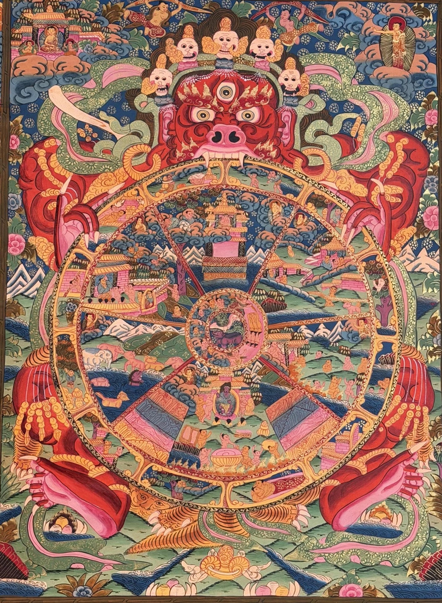 Samsara Wheel of Time Bhavachakra Mandala - Large Hand-Painted Tibetan Thangka Art