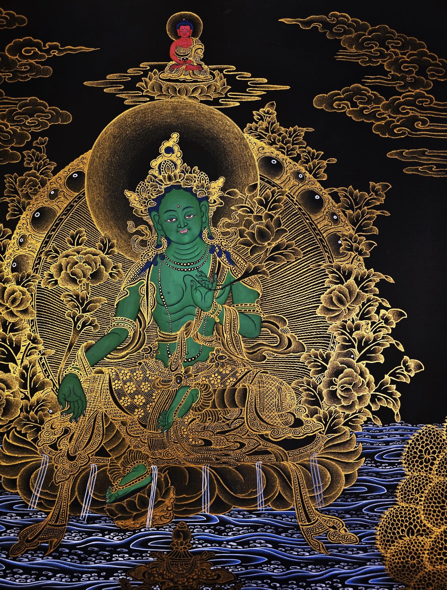 Hand-Painted Green Tara Thangka – Tibetan Buddhist Goddess of Compassion, Nepali Art