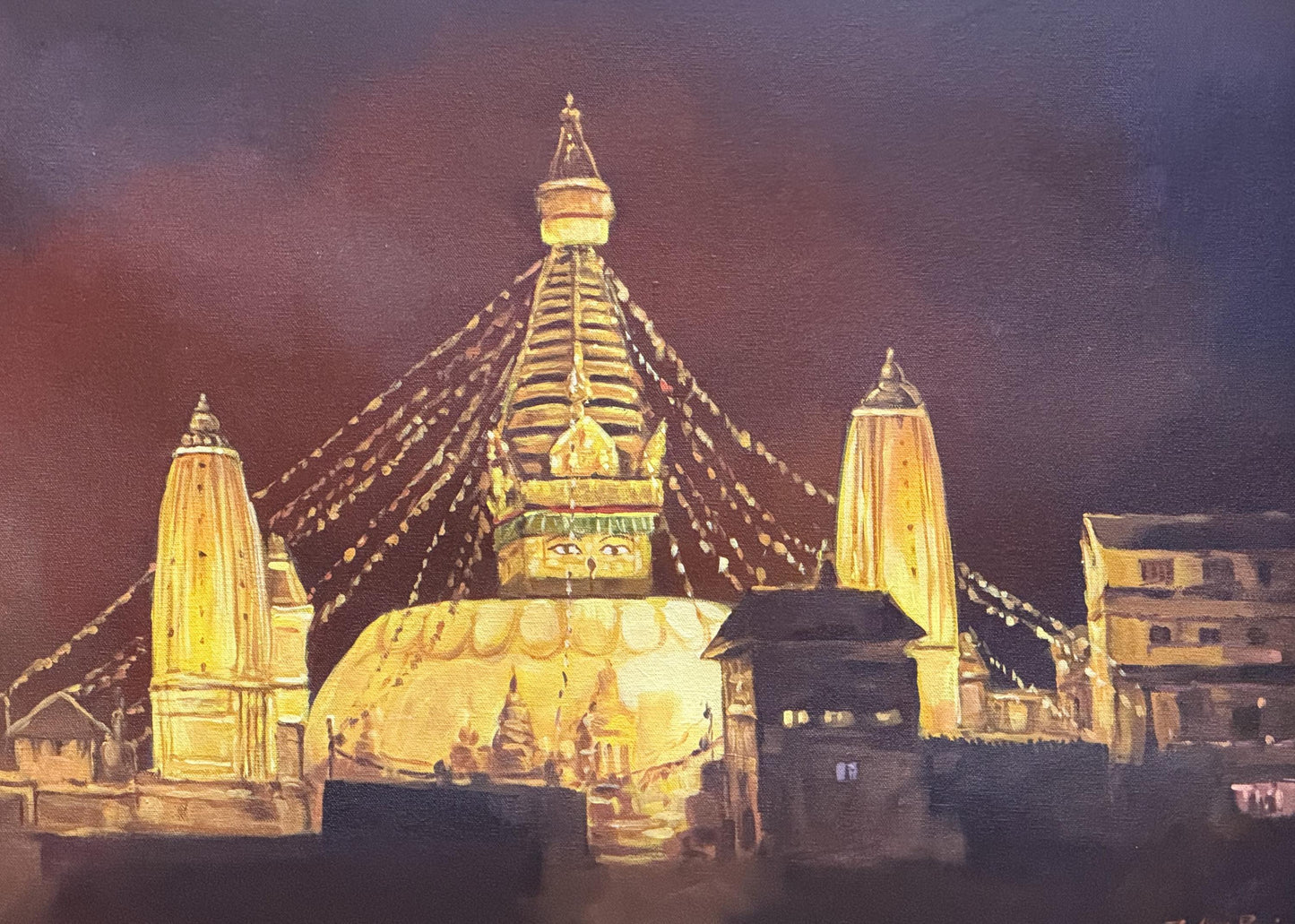 Swayambhunath Temple Night View - Sacred Buddhist Site Acrylic Painting on Canvas - Spiritual Wall Art