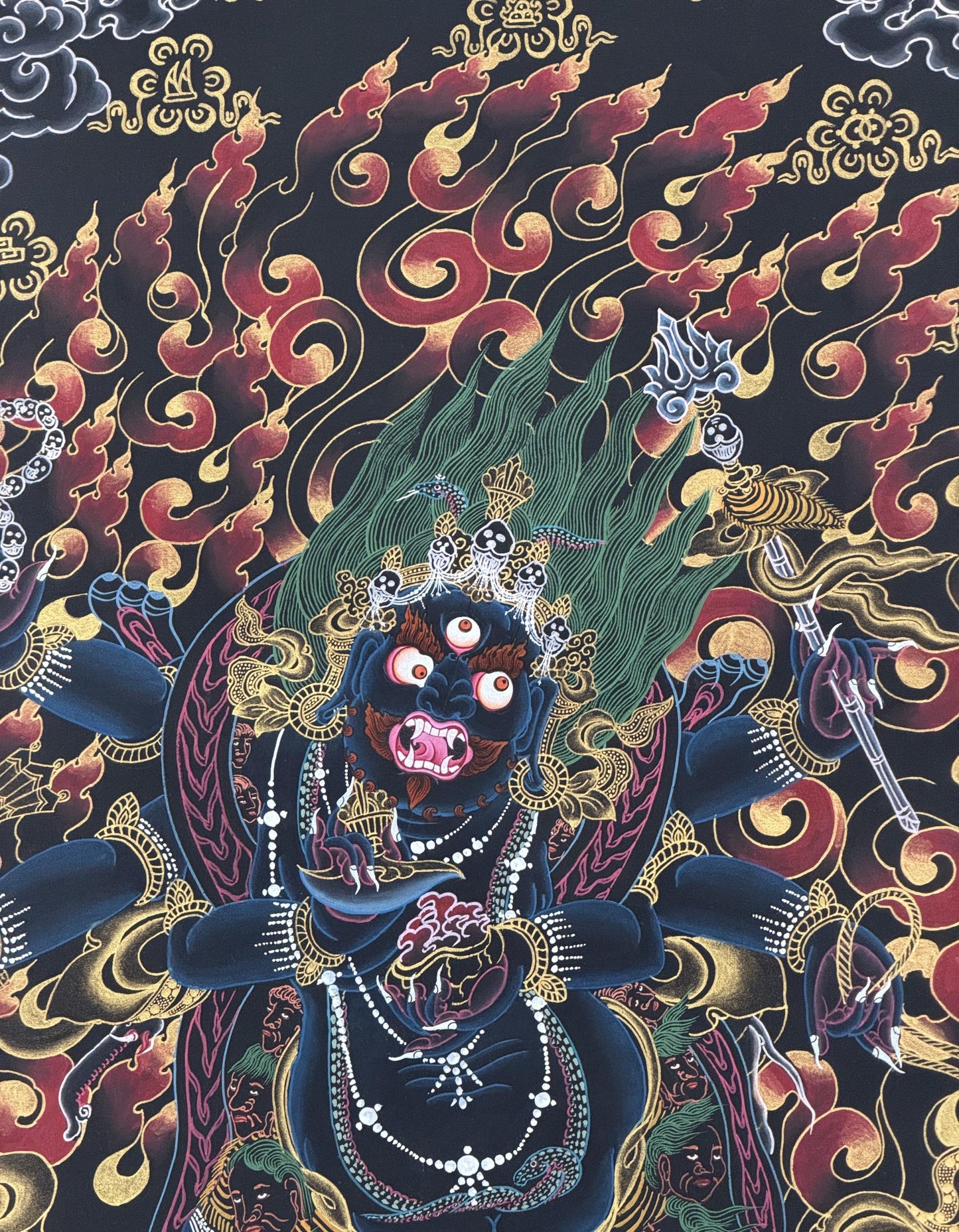 Hand-Painted Six-Armed Black Mahakala Thangka - Black and Gold Tibetan Buddhist Protector Deity