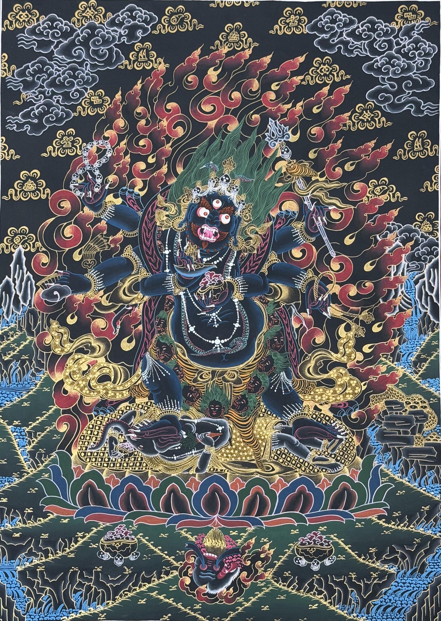 Hand-Painted Six-Armed Black Mahakala Thangka - Black and Gold Tibetan Buddhist Protector Deity