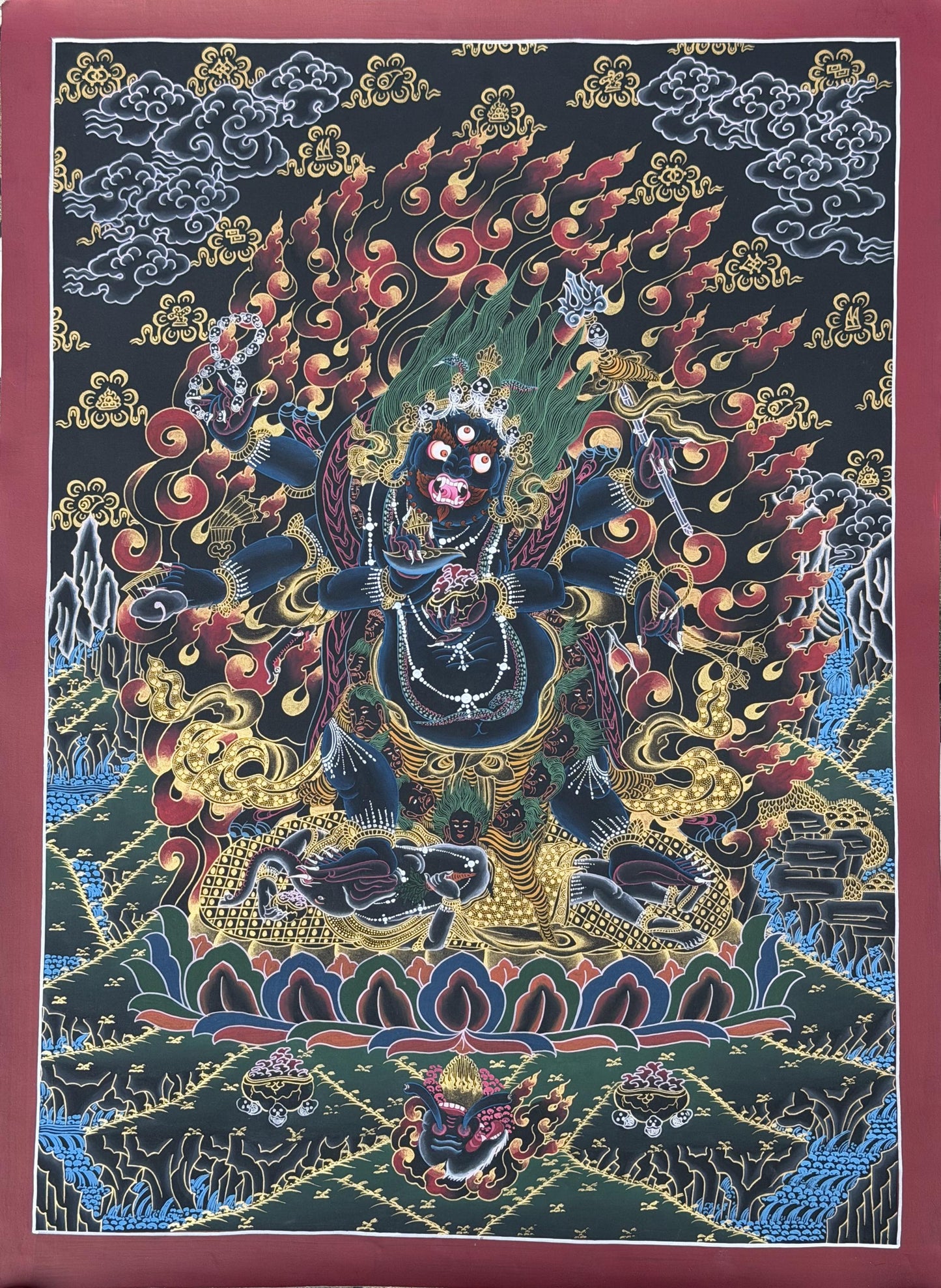 Hand-Painted Six-Armed Black Mahakala Thangka - Black and Gold Tibetan Buddhist Protector Deity