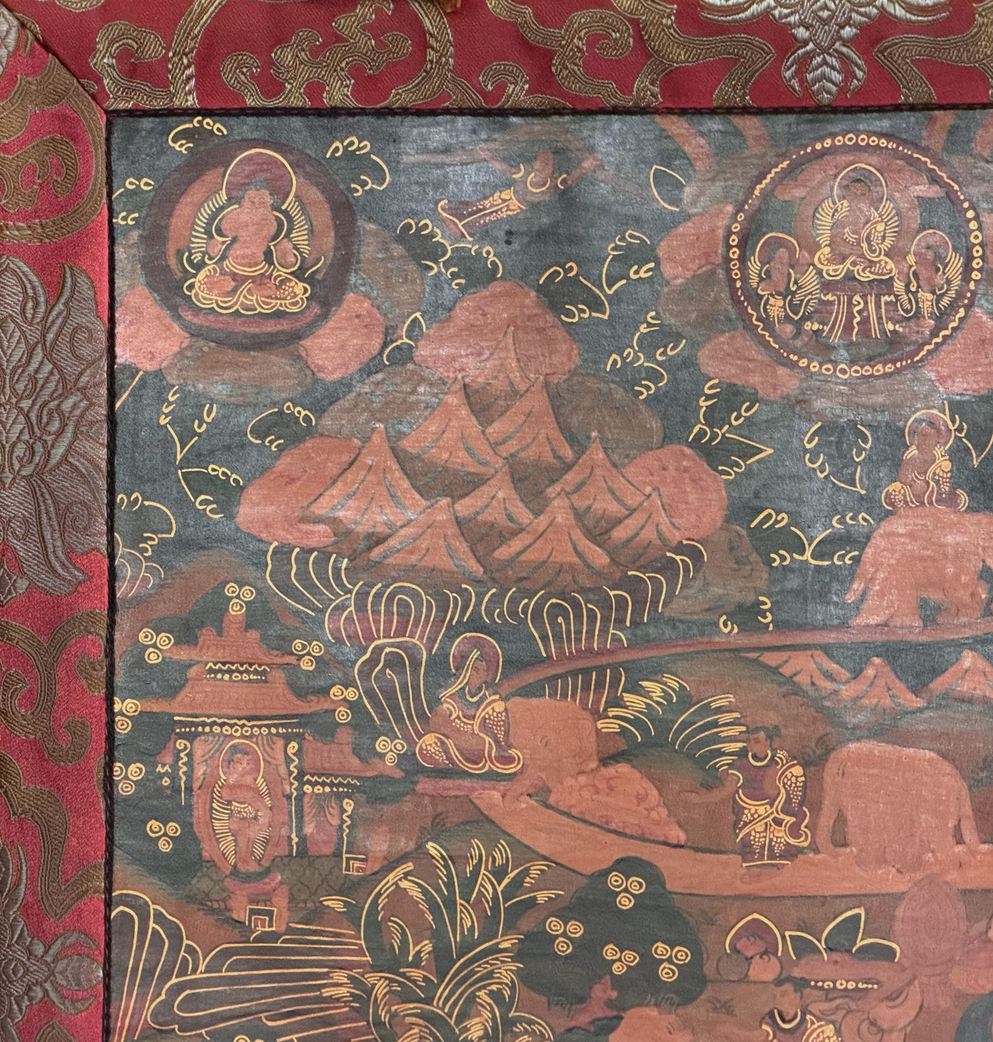 Samatha Meditation Thangka Nine Stages Mind Training Oil Varnished Tibetan Art with Silk Brocade