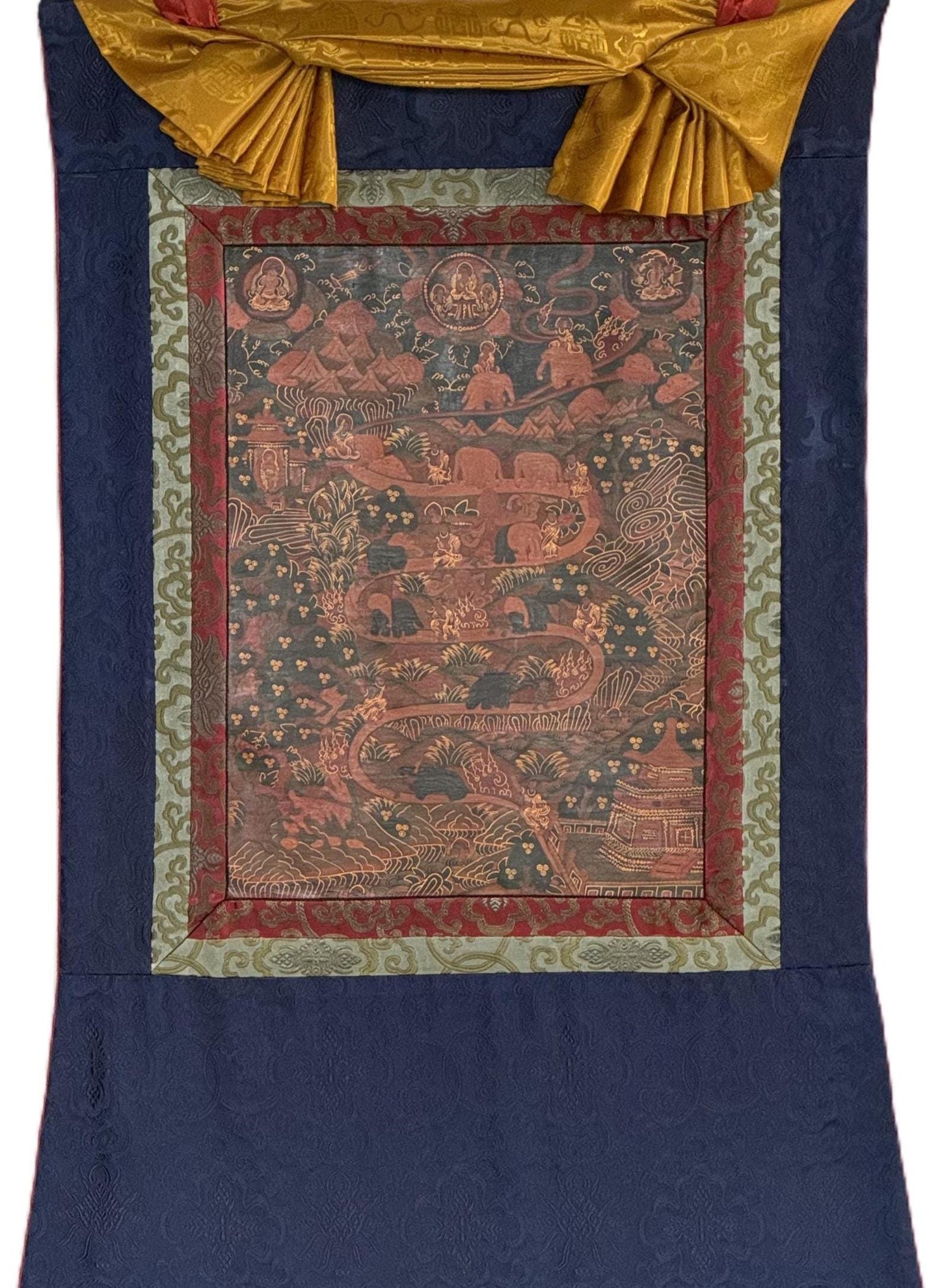 Samatha Meditation Thangka Nine Stages Mind Training Oil Varnished Tibetan Art with Silk Brocade