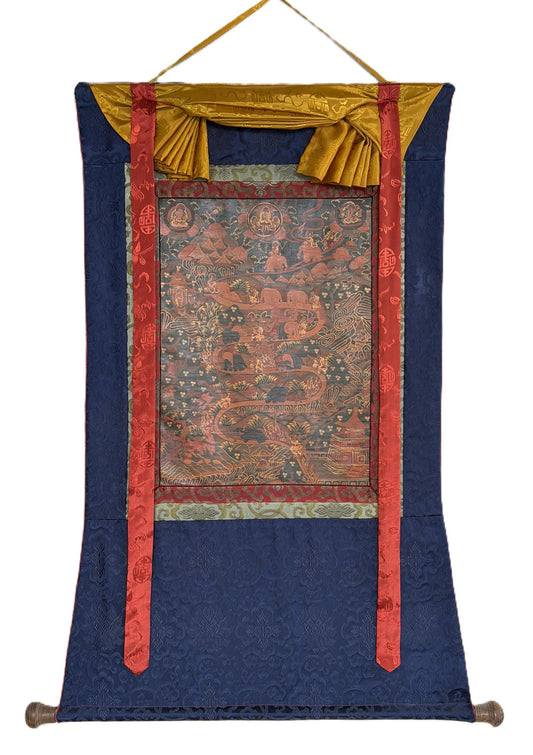 Samatha Meditation Thangka Nine Stages Mind Training Oil Varnished Tibetan Art with Silk Brocade