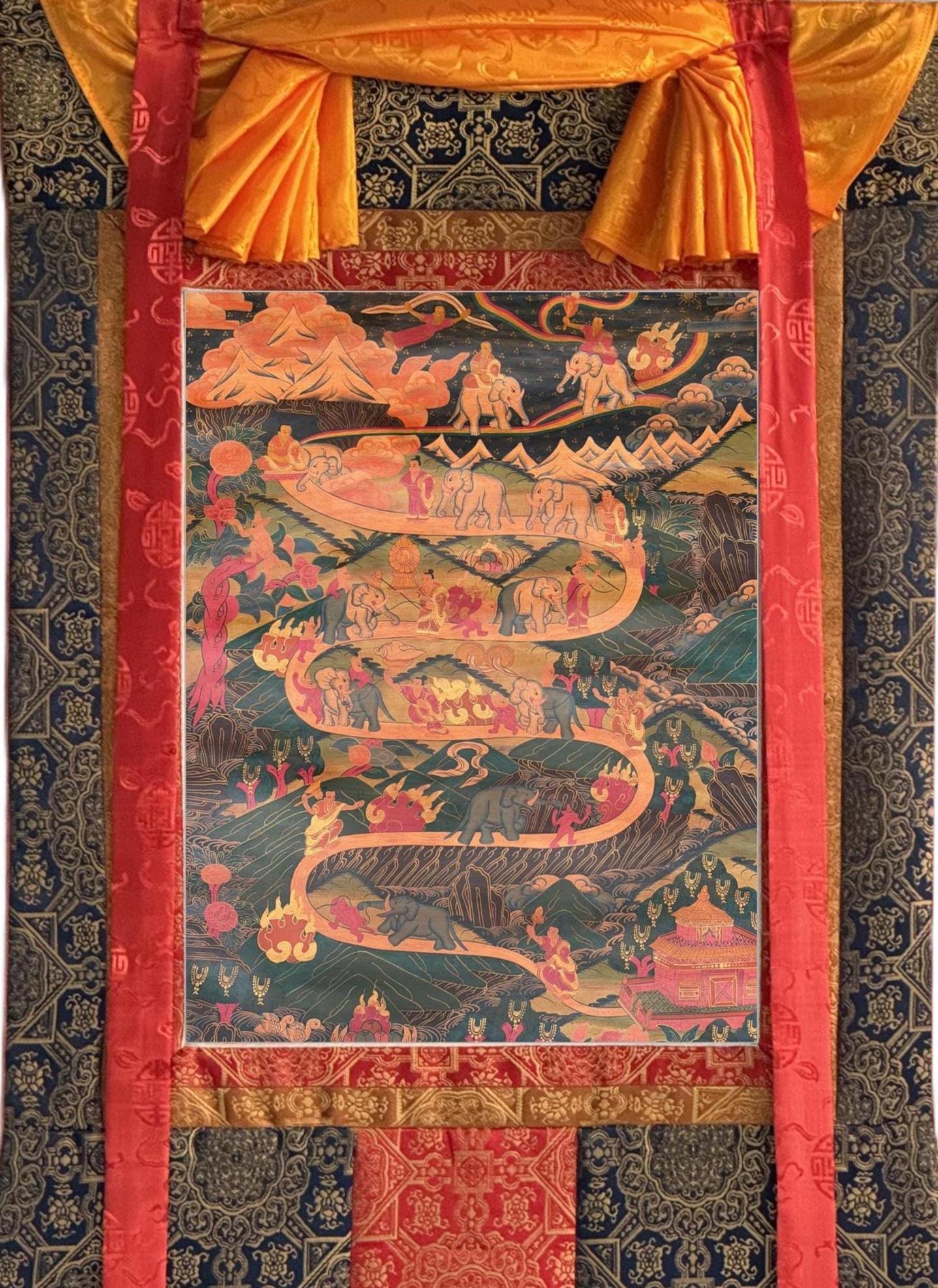 Samatha Meditation Thangka Nine Stages Mind Training Tibetan Art with Silk Brocade