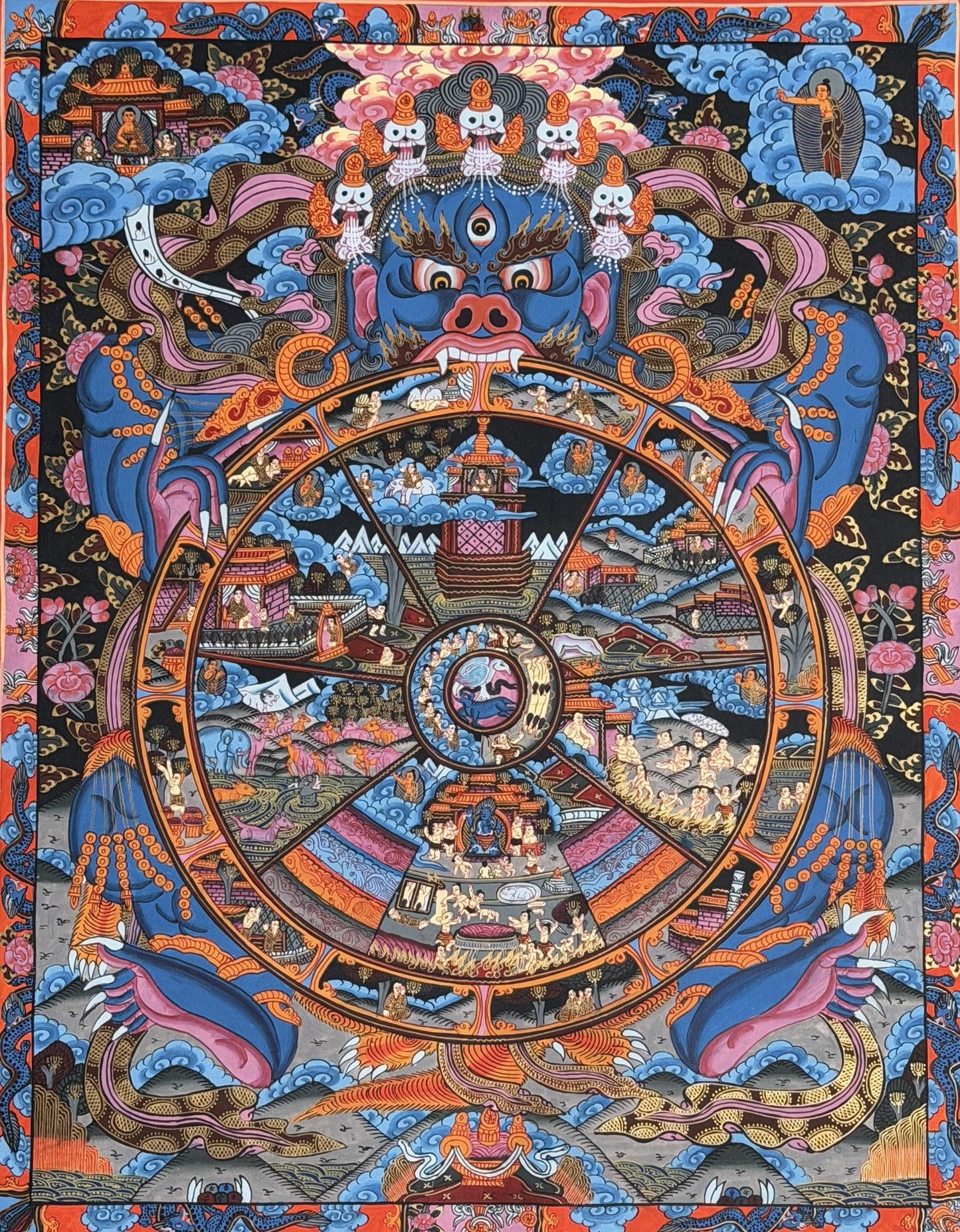 Hand-Painted Tibetan Thangka: Samsara Wheel of Time Bhavachakra Mandala Painting