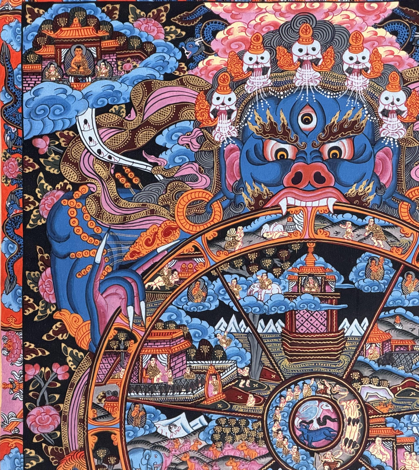 Hand-Painted Tibetan Thangka: Samsara Wheel of Time Bhavachakra Mandala Painting