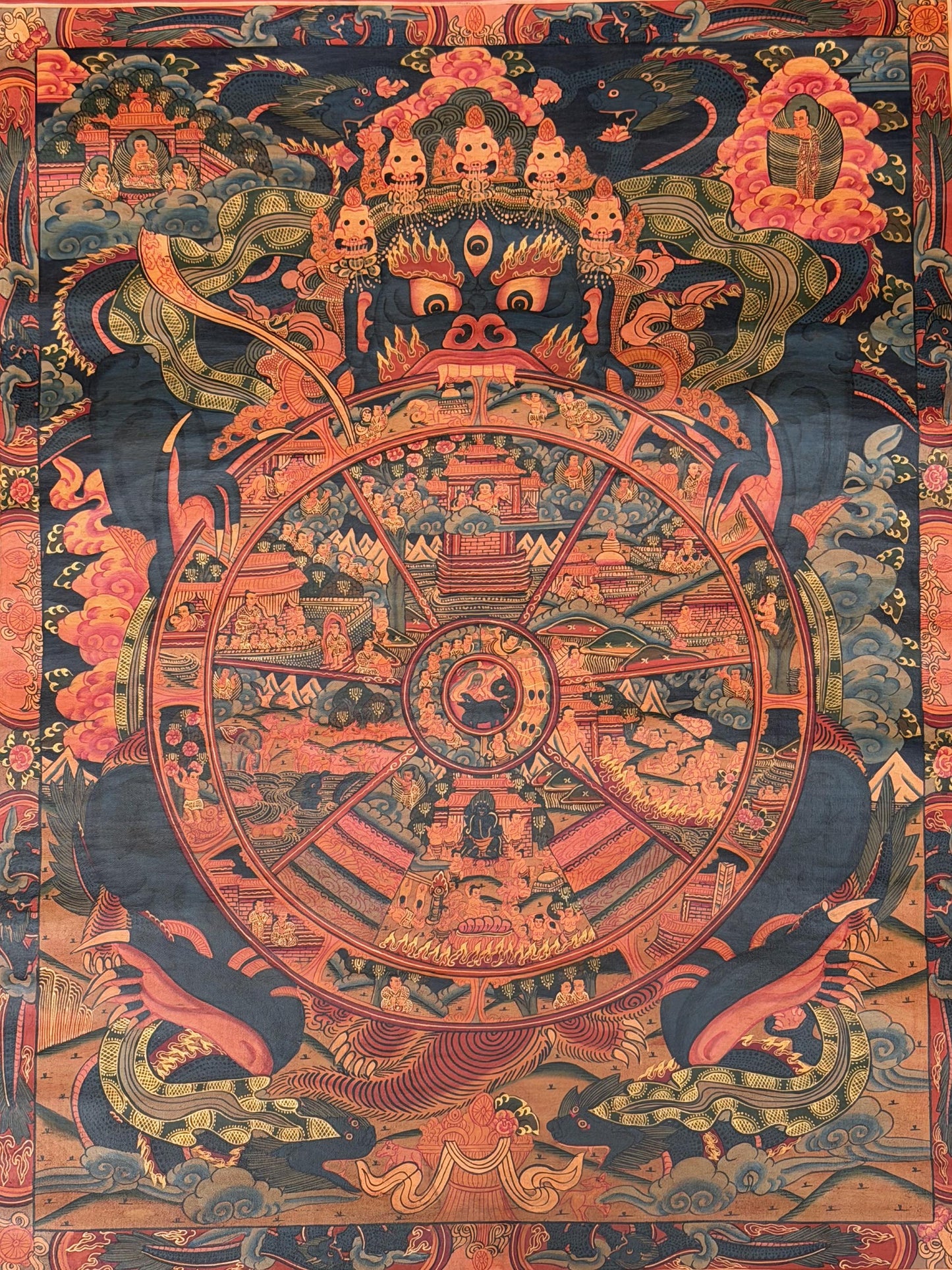 Hand-Painted Wheel of Life Thangka Painting - Bhavachakra Samsara Mandala Oil Varnished Tibetan Art