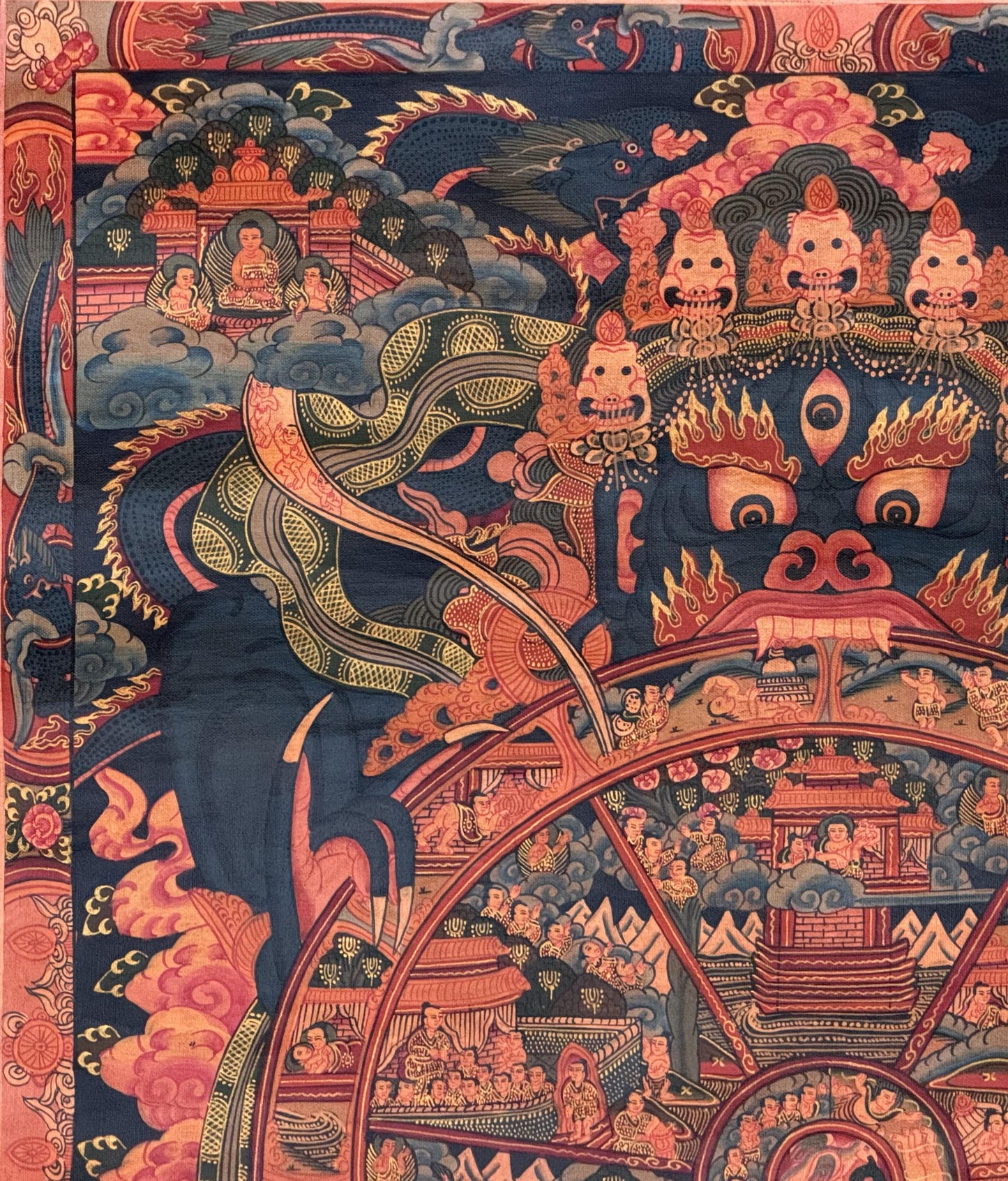 Hand-Painted Wheel of Life Thangka Painting - Bhavachakra Samsara Mandala Oil Varnished Tibetan Art