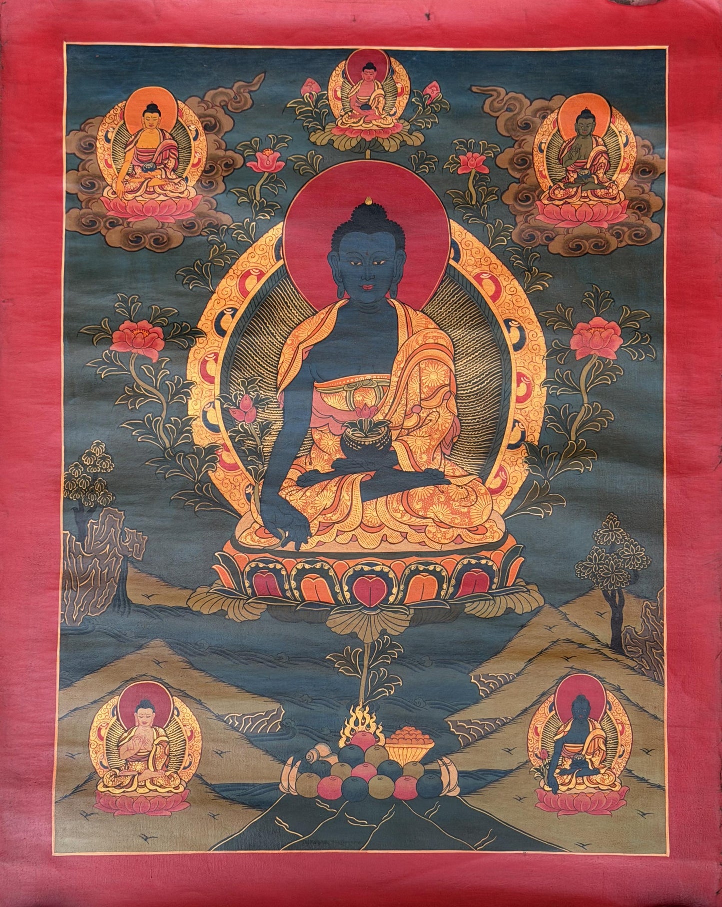Medicine Buddha Thangka Painting - Hand-Painted Tibetan Healing Art, Oil Varnished