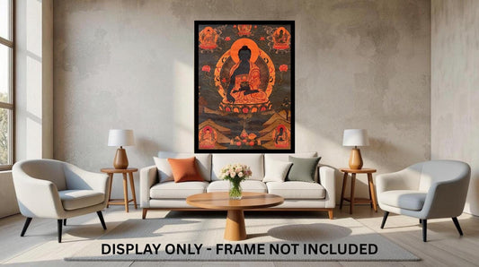 Hand-Painted Medicine Buddha Thangka | Bhaisajyaguru Tibetan Art | Vintage Oil-Varnished Meditation Painting