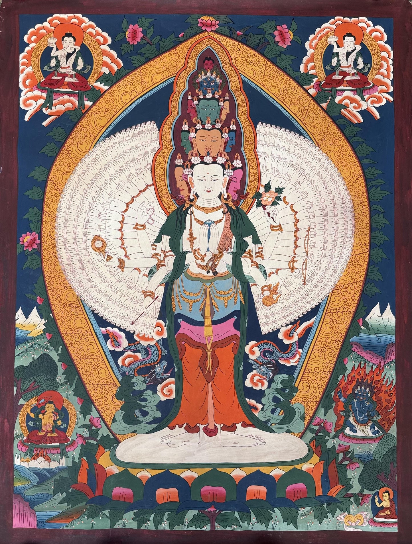 1000-Armed Avalokiteshvara LARGE Hand-Painted Thangka | Sahasrabhuja Chenrezig Old Smoky Art