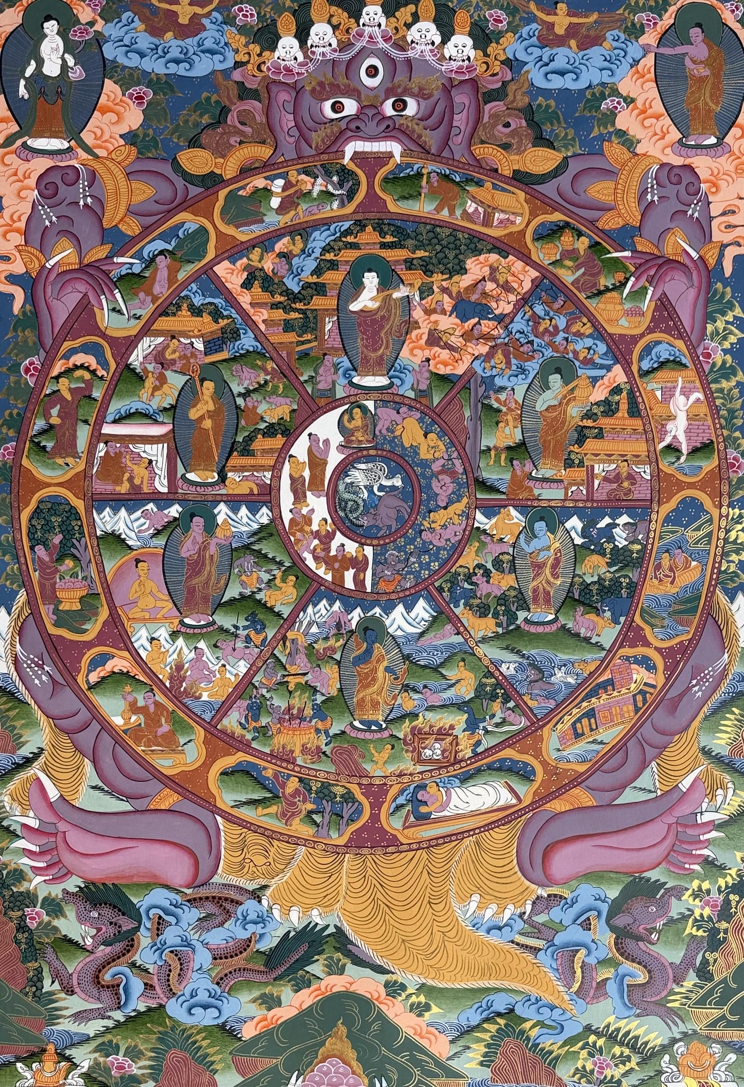 Large Wheel of Life Thangka - Hand-Painted Bhavachakra Samsara Mandala Tibetan Buddhist Art