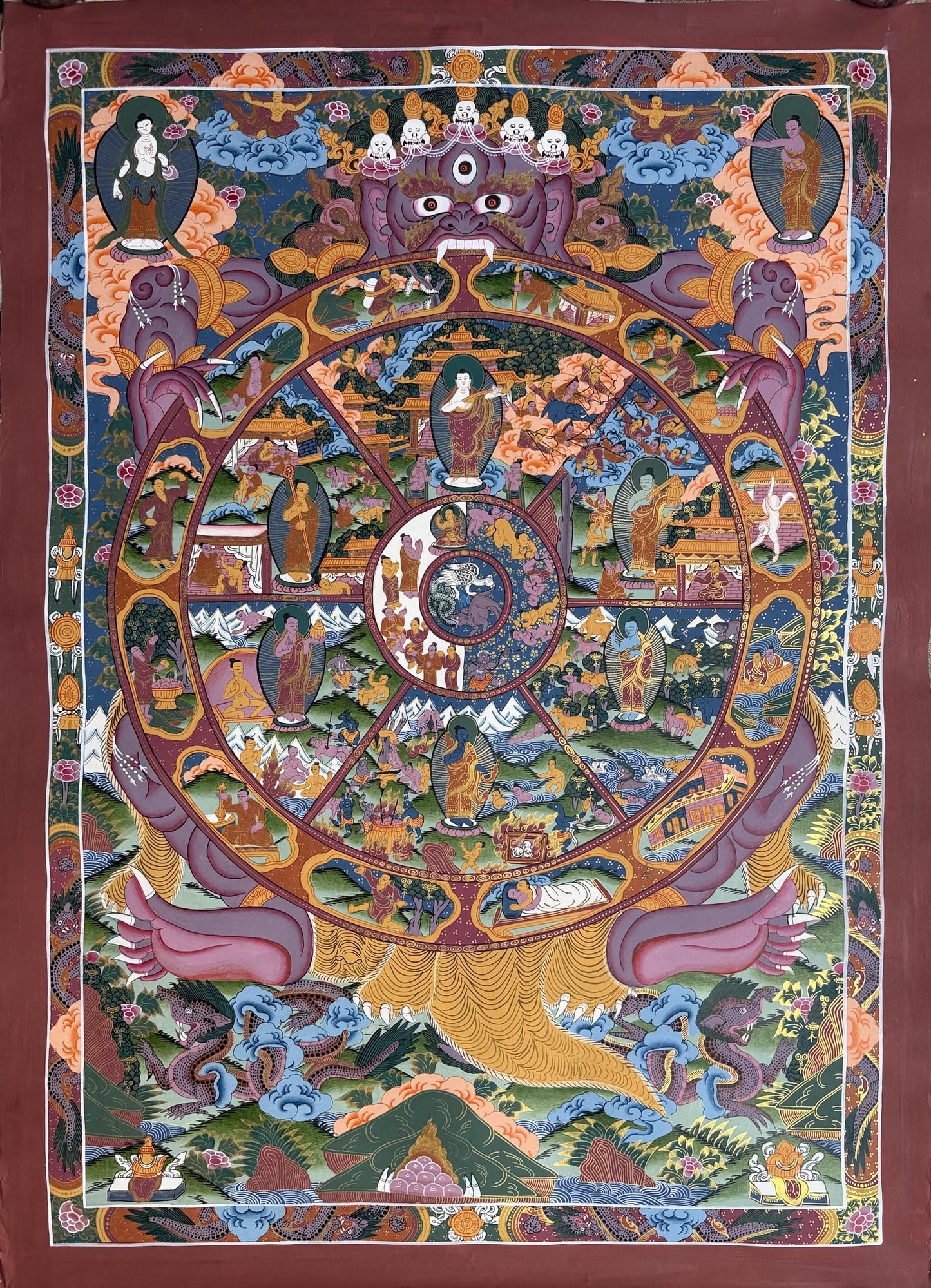 Large Wheel of Life Thangka - Hand-Painted Bhavachakra Samsara Mandala Tibetan Buddhist Art