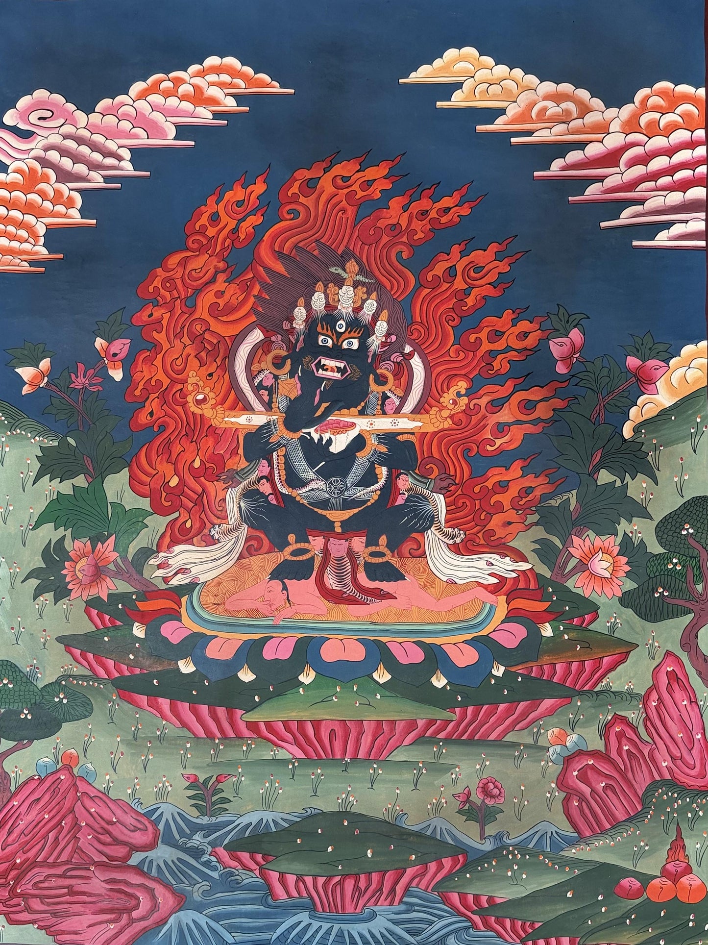 Two-Armed Mahakala Thangka Painting | Tibetan Buddhist Guardian Deity Art | Smoky Finish